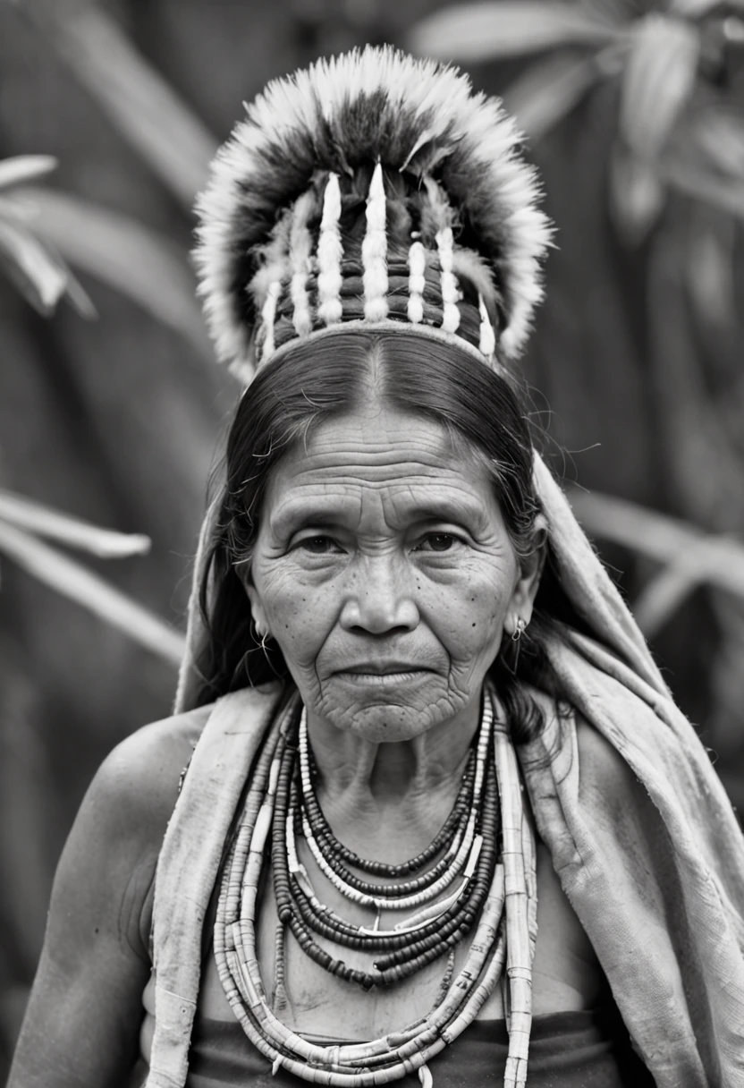 (((Figura hiperrealista)))(((Ropa y accesorios extremadamente detallados))) (Authentic tribal attire) (Obra maestra, highest qualityr), (realista, Foto_realista:1.9), ((historic photograph)) (((Imagen en blanco y negro))) Indigenous woman from the Amazon of the Nahua tribe, cuerpo completo, en una toma general, on a treeless esplanade within the Amazon rainforest. Photograph taken with a Leica 1 Model A, using Ilford HP5 film. La imagen debe ser estrictamente en blanco y negro, con un fondo ligeramente borroso y luz natural. It should evoke the feeling of an old photograph. foco nítido, alta calidad, intrincado detallado, Altamente detallado, hyper-realistic