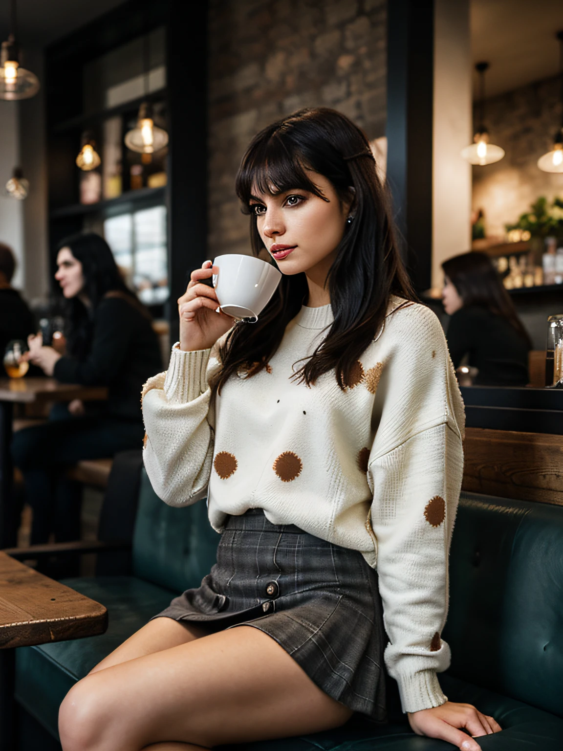 (sharp focus: 1.2), photo (full body) (American flat), attractive 25-year-old, drinking coffee in Paris, sitting in coffee shop, (beautiful face: 1.1), detailed light brown eyes, delicious lips, (eye makeup: 0.85), (medium breasts: 1.0), (firm body: 1.2), (soft long black hair: 1.2), (long bangs:1.1),wearing (miniskirt) plaid miniskirt, (oversize sweater), (moderate lighting: 1.2), depth of field, bokeh, 4K, HDR. Miss Universe, cover photo. ((skin with small spots and wrinkles), , (moody lighting: 1.2), depth of field, bokeh, 4K, HDR