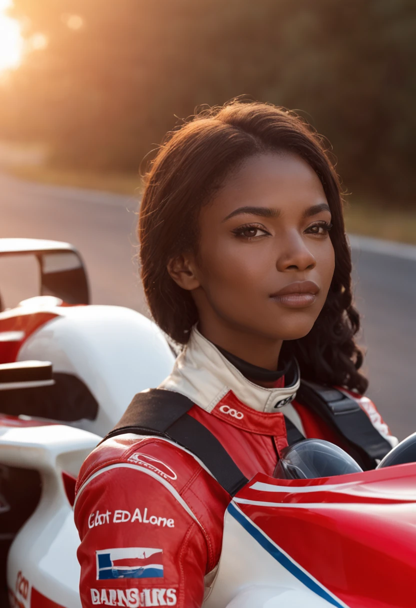 Game poster of ((Gran Turismo)), black woman on race pilot costume on foreground, intricated and detailed woman face, black woman holding a red helmet, centerd shot of a ((white and red race car)) on background, race road ambient, golden hour lights, sunset afternoon ambient, natural realistic render, race car concept