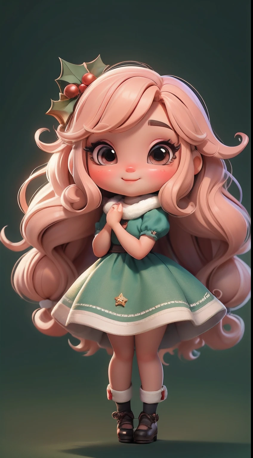 Create a series of loli chibi style dolls with a cute Christmas theme, sorridente e fofa, each with lots of detail and in an 8K resolution. All dolls should follow the same solid background pattern and be complete in the image, mostrando o (corpo inteiro, incluindo as pernas: 1.5)

Boneca Natal: Chame-a de Bella. Ela deve ter cabelo longo e cacheado em tons coloridos e natalinos. Seus olhos devem ser grandes e brilhantes, with long eyelashes and rosy cheeks. Bella deve estar vestida com um vestido delicado e longo, com avental estampado e saia longa rodada. She should wear a hat and have Christmas accessories on hand, while in the other has nothing. Don't forget the details, com detalhes coloridos e enfeites encantadores, sapato bonito

Certifique-se de adicionar sombras, texturas e detalhes nos cabelos, roupas, Cute accessories of each doll, to make them even more adorable and charming.