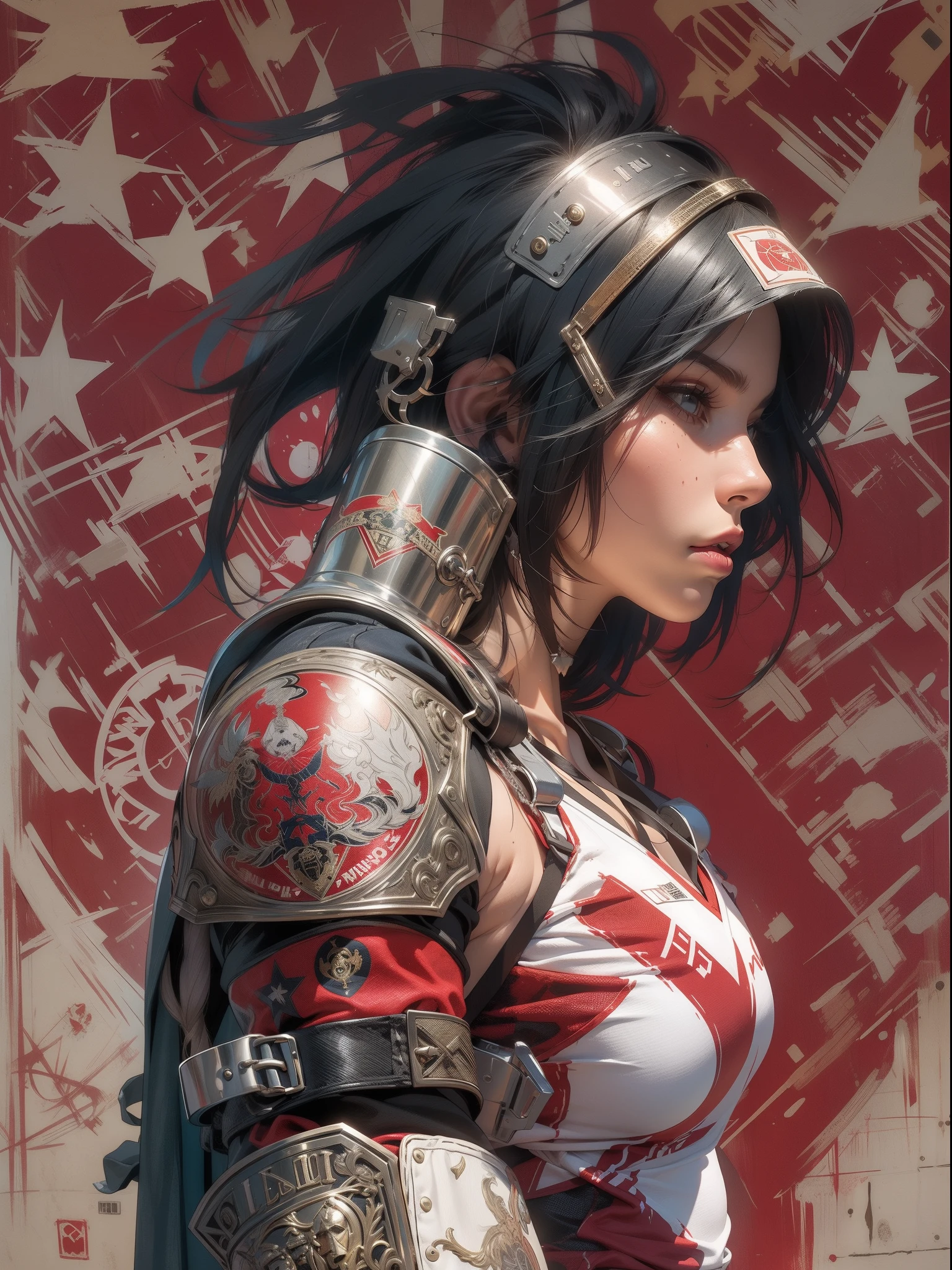 (((mulher))), (((melhor qualidade))), (((obra prima))), (((adulto))), (((1girl))), ((( de costas ))), ((( corte de cabelo bob ))), Uma gladiadora cyberpunk mulher de 25 anos com corpo perfeito, shoulder pads with metal spines, Gladiadores do Brooklyn, (( corte de cabelo bob )), tiny leather panties, camiseta de time de rugby rasgada, quase nua no estilo selvagem urbano de Simon Bisley para a capa da revista Heavy Metal, Cabelo loiro curto, Minimum clothing, Metal protection on the left arm with intricate graphics, Dark red with white stars and white and navy blue checkerboard pattern, armadura, cheio de pontas e rebites, (((do joelho pra cima))), cabelos loiro branco curto, no fundo uma parede pintada por Shepard Fairey com um design intrincado