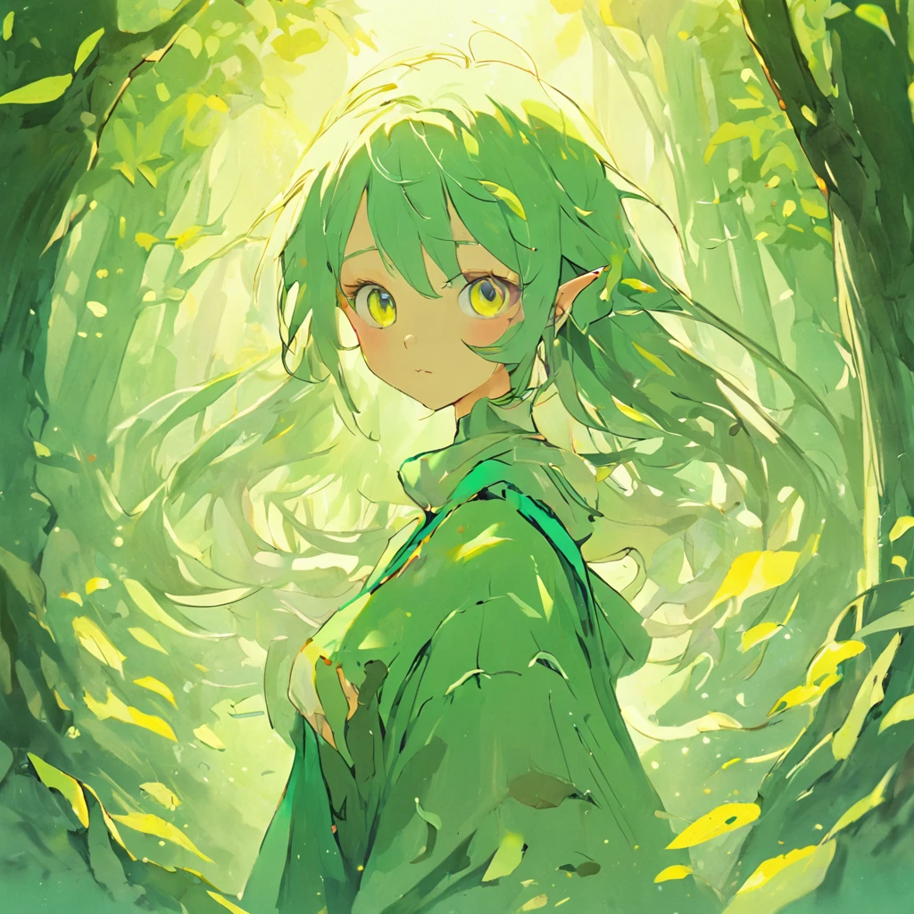 (Fondo blanco, con elementos de bosque, con flores), (silueta de una Elfo de piel verde clara, ojos de color amarillo, cabello largo y de color blanco, capa de color verde esmeralda), (ardilla en el hombro de la elfo, arco en el hombro), (Chinese illustration:1.3, arte en papel:1.3, arte de papel acolchado:1.2), (Reasonable design, Clear lines, alta nitidez, la mejor calidad, muy detallado, obra maestra, Film light effect, 4k)