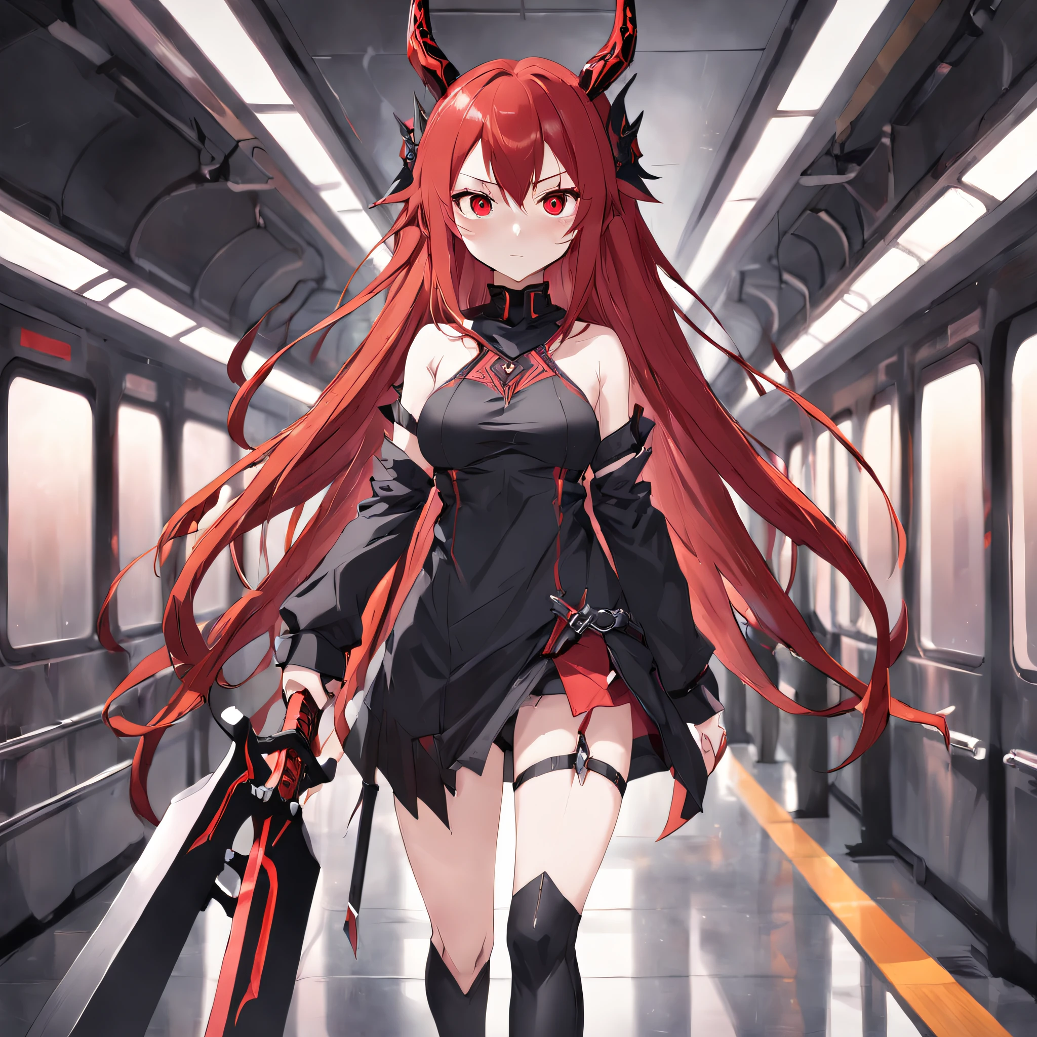 anime girl (long red hair and and red eyes, from arknight, with horns(color black) and big sword, red mini skiirt, in the train, standing insanely hot)