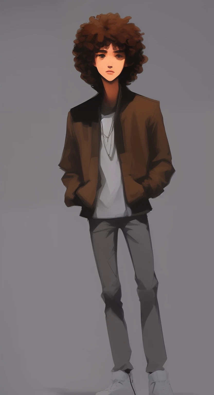 (masterpiece, best quality), intricate details, 8k, artstation, wallpaper, official art, splash art, sharp focus, fullbody of tall skinny man, wearing brown jacket with white tshirt under, black jeans, sneakers, standing tall facing foward, fullbody, grey background, arms to side, cool sneakers