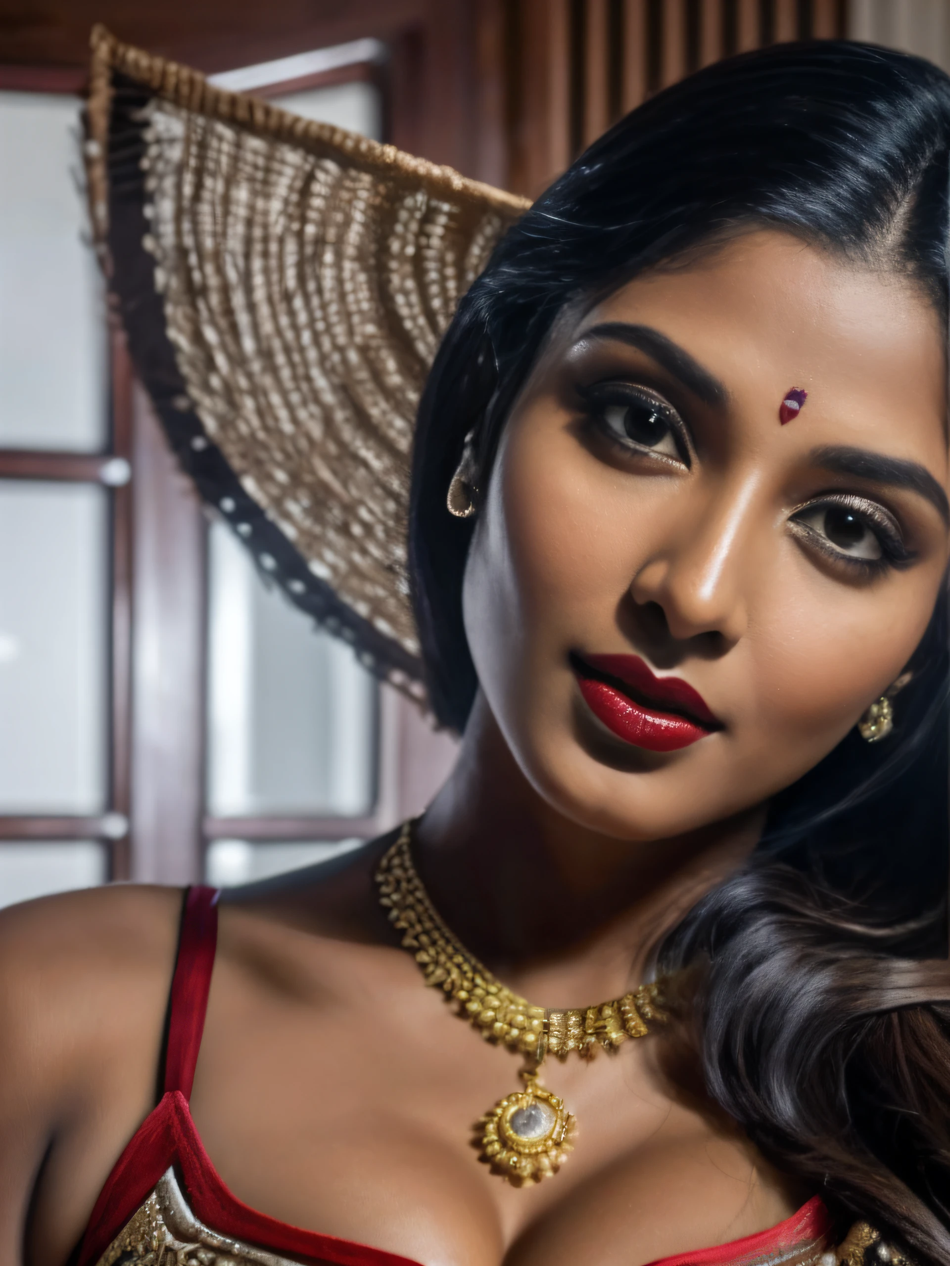 professional 8k high detail photo of ara333 looking at the camera, portrait of super indian model, beautiful face, big breast, dark red lips, fair glowing skin