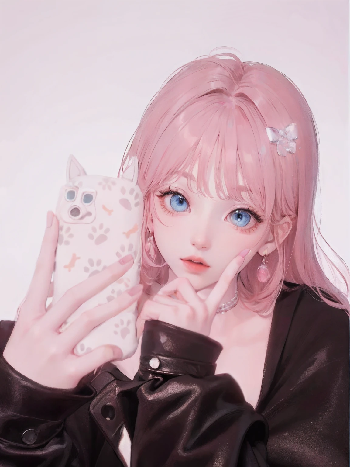 Girl, peach pink hair, light pink hair, flowy hair, mute blue eyes