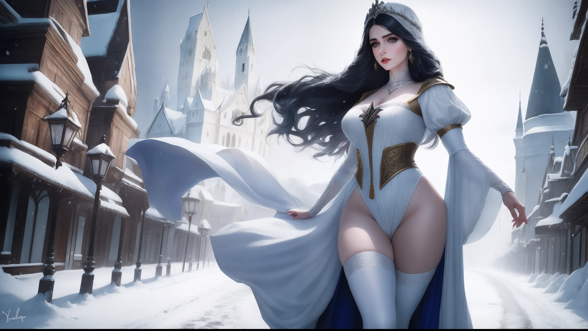 There's a costumed solo woman walking down a snowy road, pale snow white skin, Branca de Neve como um D & d lutador, Branca de Neve, Cosplay glamouroso, Cosplay ornamentado, Alena Aenami e Artgerm, Amouranth, mais conhecido como Amouranth, thicc, fantasy photoshoot, Cosplay, Witcher)), 4K HD | | | | |. cabelos negros, One and only women, personagem solo