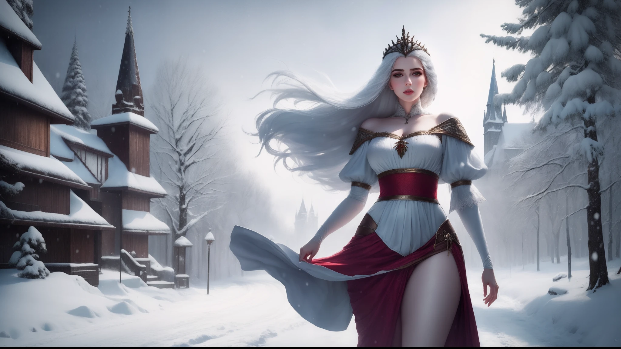 There's a costumed solo woman walking down a snowy road, pale snow white skin, Branca de Neve como um D & d lutador, Branca de Neve, Cosplay glamouroso, Cosplay ornamentado, Alena Aenami e Artgerm, Amouranth, mais conhecido como Amouranth, thicc, fantasy photoshoot, Cosplay, Witcher)), 4K HD | | | | |. cabelos negros, One and only women, personagem solo