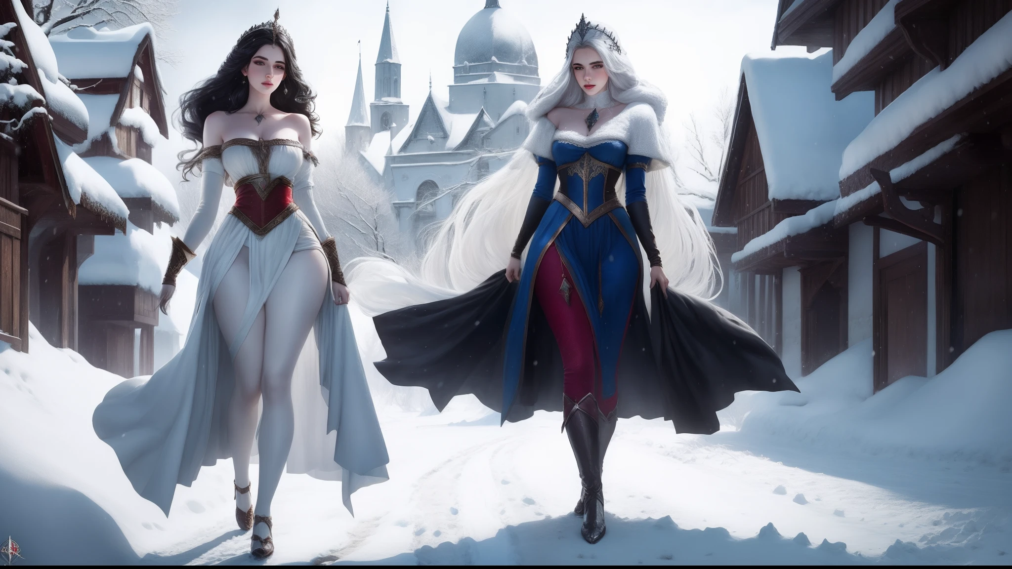 There's a costumed solo woman walking down a snowy road, pale snow white skin, Branca de Neve como um D & d lutador, Branca de Neve, Cosplay glamouroso, Cosplay ornamentado, Alena Aenami e Artgerm, Amouranth, mais conhecido como Amouranth, thicc, fantasy photoshoot, Cosplay, Witcher)), 4K HD | | | | |. cabelos negros, One and only women, personagem solo
