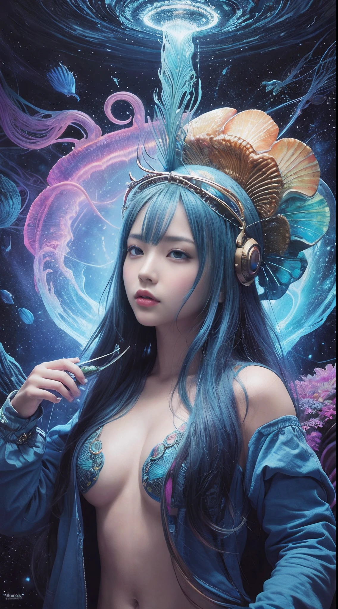 best qualtiy,tmasterpiece,超A high resolution,(photos realistic:1.4),Ultra-realistic realism,dream-like,Beautiful blue goddess wears a phoenix peacock on her head, nautilus, betta fish,Creation of fantasy,Conch,Dream Conch,Biopunk Nautilus,Thrilling color schemes, Ultra-realistic realism, abstracted, Psychedelia,