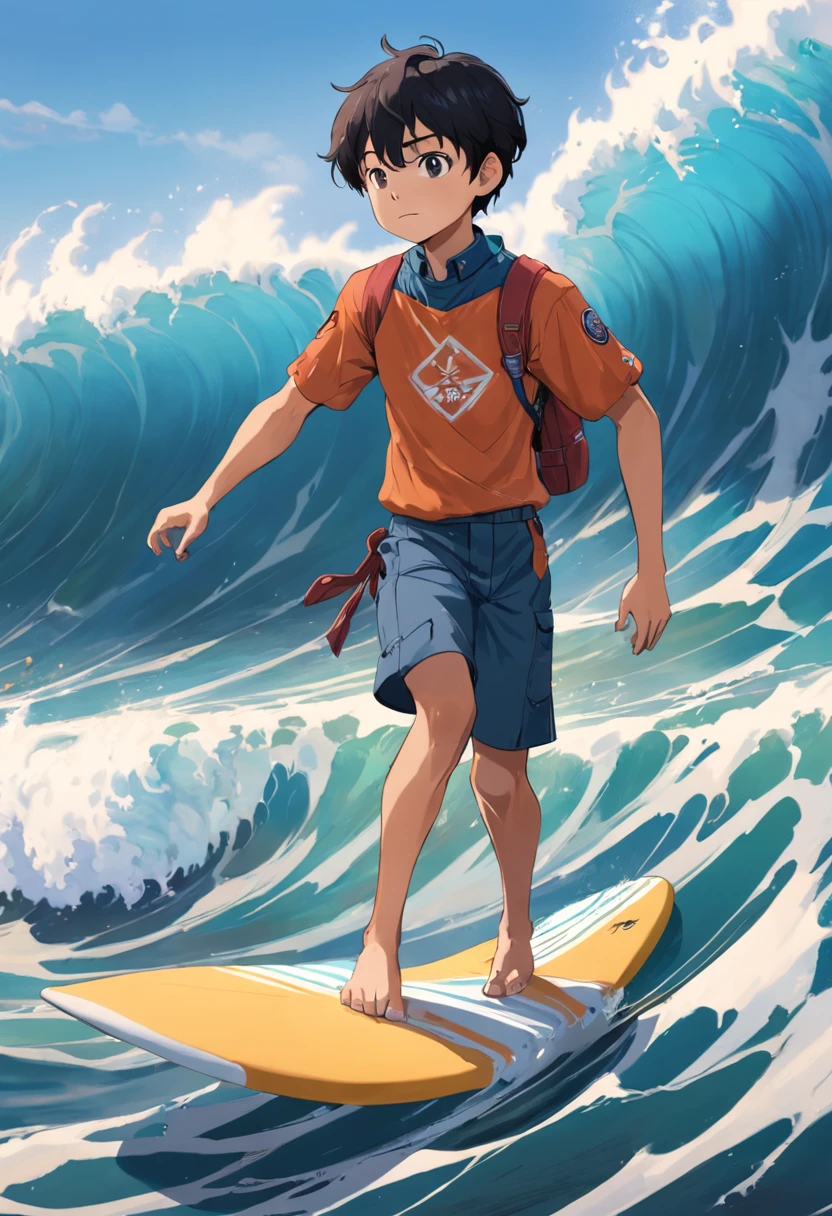 Life Experience Boy in Scout Outfit Surfing Right on the Wave