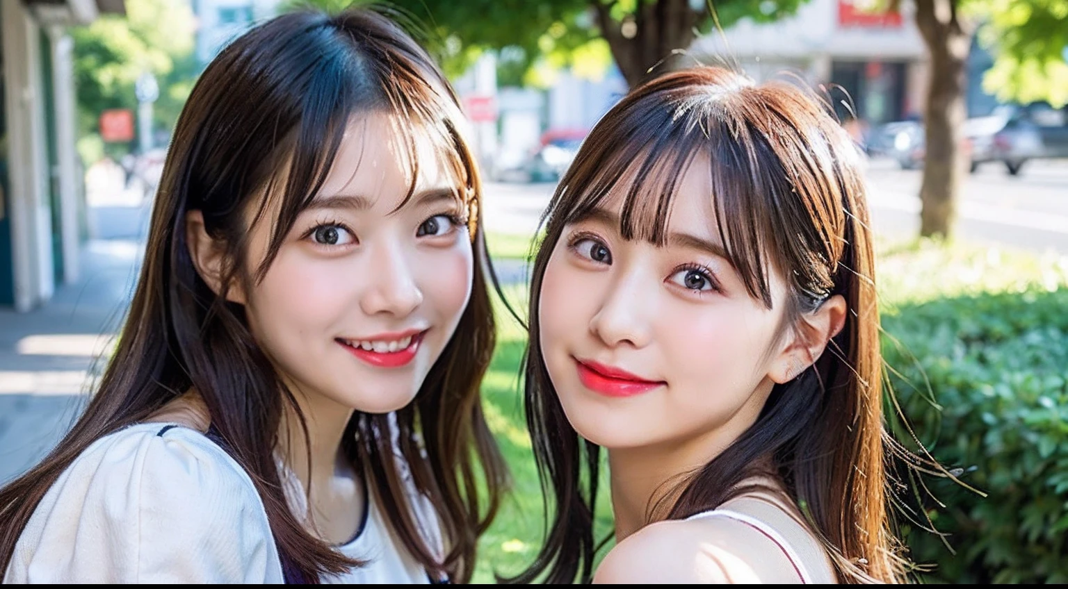 top-quality、超A high resolution、(Photorealsitic:1.4)、(女の子1人:1.5)、kawaii eyes、off shoulder shirt、tight skirts、(dark brown hair:1)、looking at viewert、a closeup、Smile with closed mouth、Red cheeks、cafes