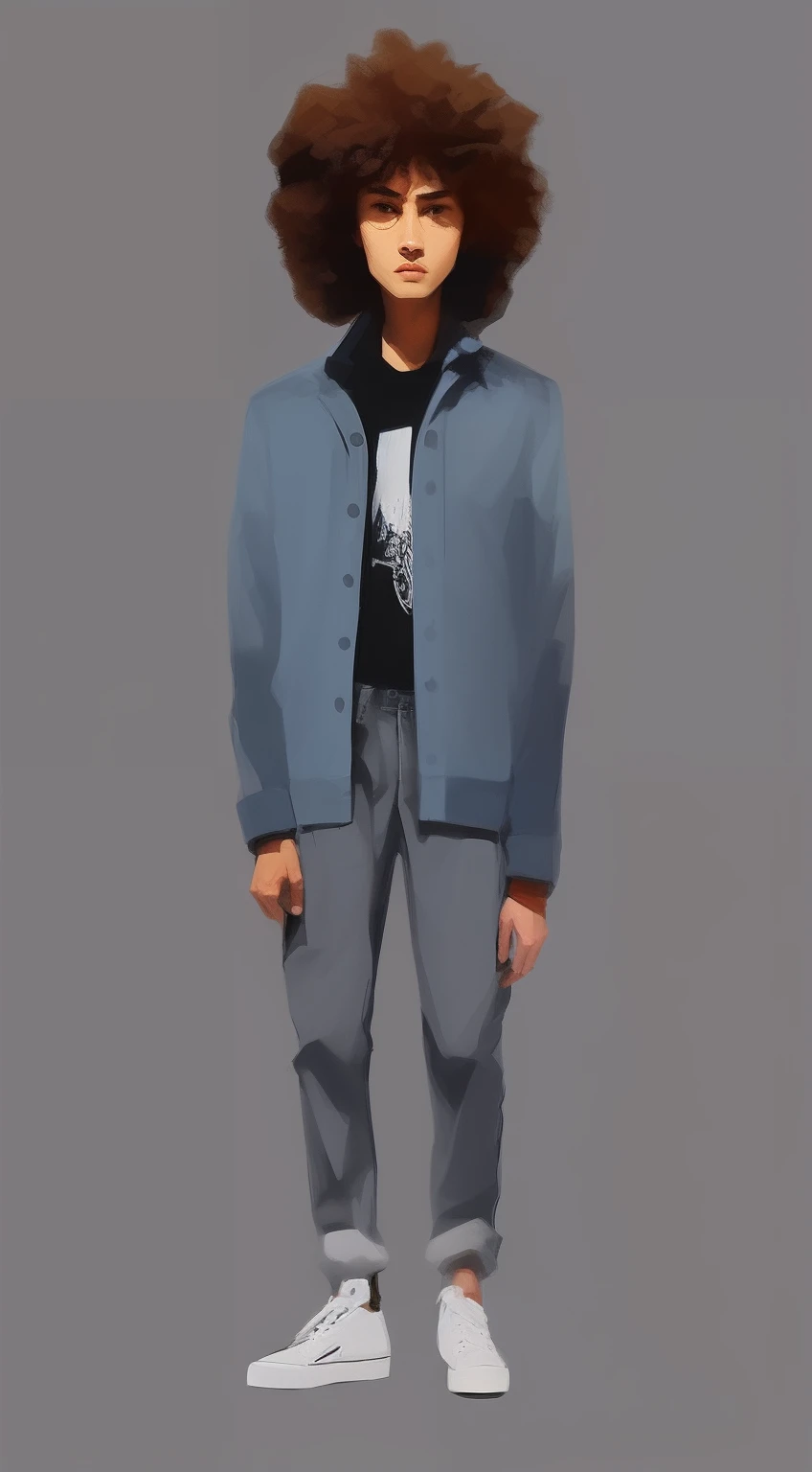 (masterpiece, best quality), intricate details, 8k, artstation, wallpaper, official art, splash art, sharp focus, fullbody of tall skinny man, wearing blue flannel with white tshirt under, black jeans, sneakers, standing tall facing foward, fullbody, grey background