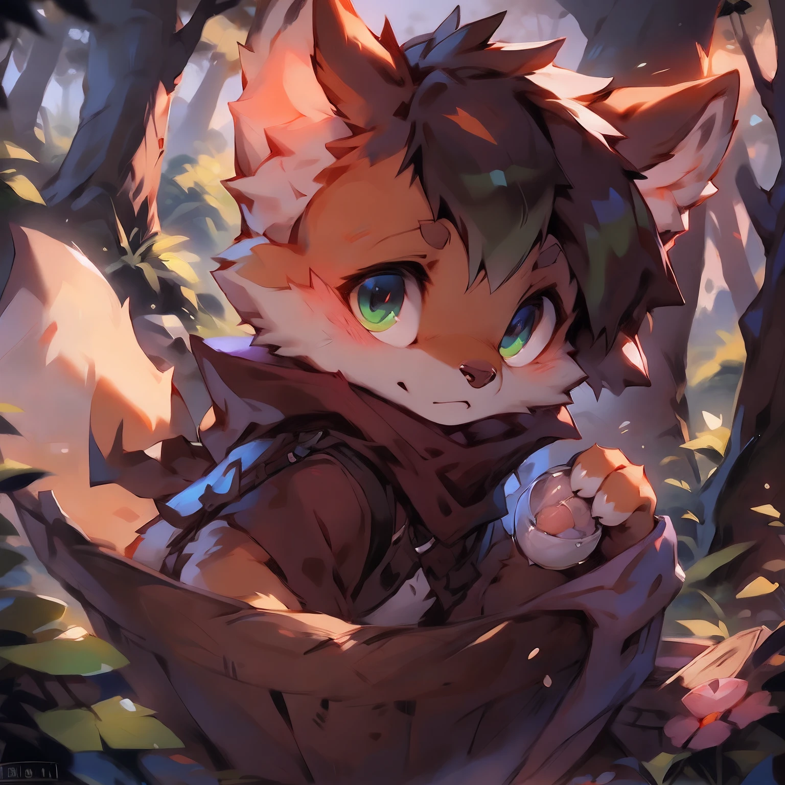 A curious male fox cub pokes its head out of a cozy fox den in the forest. He has orange fur, bushy tail, And cheer up the big fluffy ears. He wears the green adventurer's hat and scarf. His eyes were bright and surprised as he looked out of the study in the lush woods。, with a sunbeam coming through the trees. Small birds fly nearby,And in the distance there was a deer passing by. The fox cub was excited, Desire to express, Get ready to explore the outside world.
break
anthropology,Furry,feral,(Digital media \(artwork of a\):1.2),(hi,It's nothing,absurd res:1.2),Perfect anatomy,Anatomically correct,Detailed,Detailed face,Detailed eyes,(Realistic fur,Detailed fur:1.25),Detailed background,amazing background.
Break
(author:Puinki \(artist\):1.2),(author:Unreal Land,author:Sumi Kuroi,author:Milk Tiger 1145,author:Morkey,author:Emolga 1,Through the egg capsule:1.2),(author:Xia Huaiting:0.8),(by Pino Daeni:0.8),(by Hioshiru:0.8),(by Chunie:0.8).