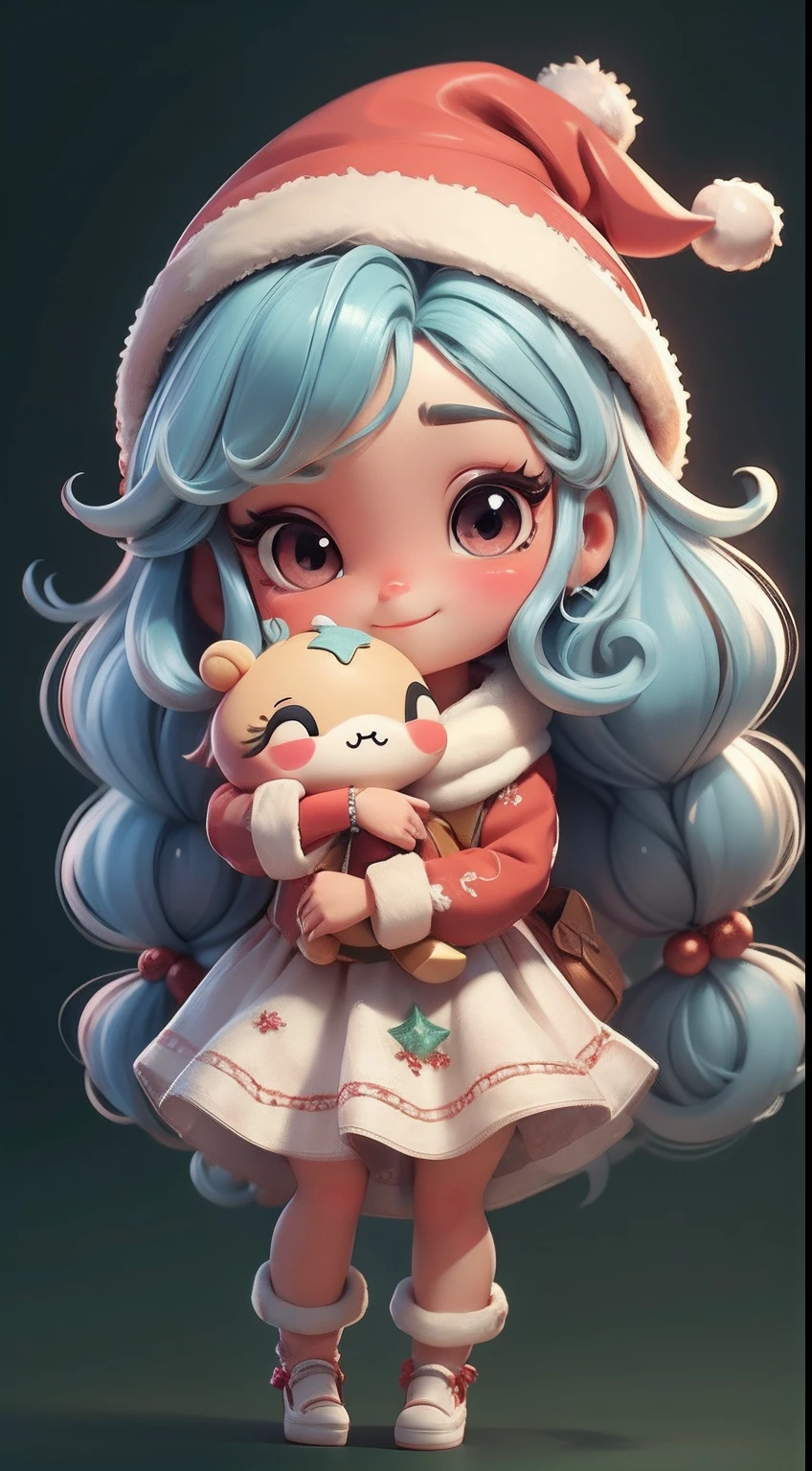 Create a series of loli chibi style dolls with a cute Christmas theme, sorridente e fofo, each with lots of detail and in an 8K resolution. All dolls must follow the same solid background pattern and be complete in the image, mostrando o (corpo inteiro, incluindo as pernas: 1.5)
Boneco Natal: Chame-a de Beto. Ela deve ter cabelos em tons coloridos e natalinos. Seus olhos devem ser grandes e brilhantes, with long eyelashes and rosy cheeks. Must be dressed in a jumpsuit in Christmas tones. She should wear a hat and have Christmas accessories on hand, while in the other has nothing. Don't forget the details, com detalhes coloridos e enfeites encantadores, sapato bonito
Certifique-se de adicionar sombras, texturas e detalhes nos cabelos, roupas, Cute accessories of each doll, to make them even more adorable and charming.