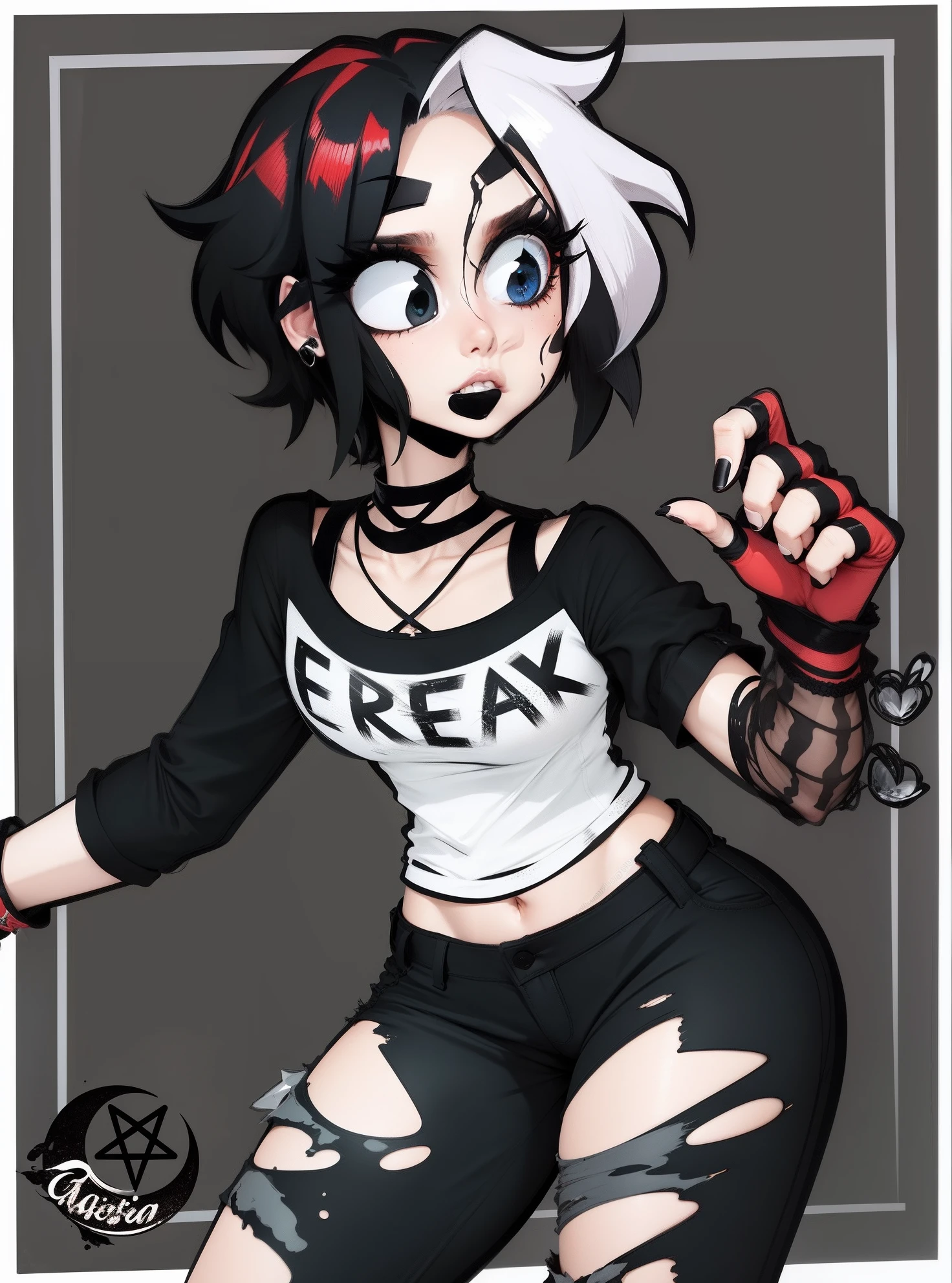 Mulher realista, olhos castanhos-escuros, ripped black jeans, blusa preta e branca, luvas vermelhas, cabelo preto branco e vermelho