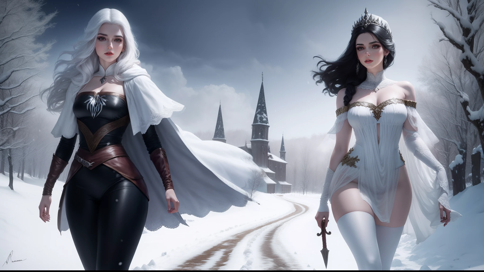 There's a costumed solo woman walking down a snowy road, pale snow white skin, Branca de Neve como um D & d lutador, Branca de Neve, Cosplay glamouroso, Cosplay ornamentado, Alena Aenami e Artgerm, Amouranth, mais conhecido como Amouranth, thicc, fantasy photoshoot, Cosplay, Witcher)), 4K HD | | | | |. cabelos negros, One and only women, personagem solo