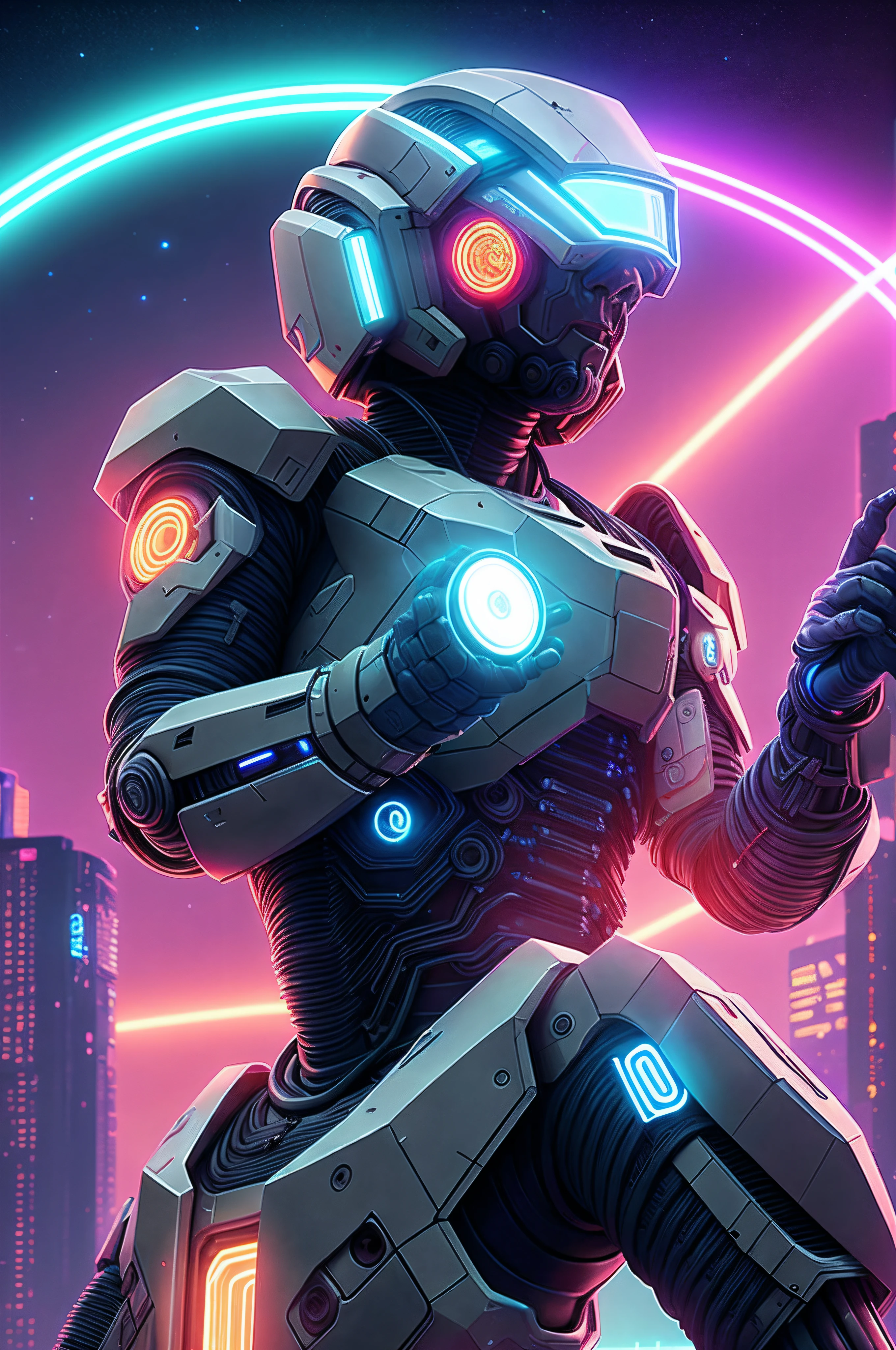 UHD, Close-up, Futuristic Holy Paladin, Cosmic Temple backdrop, Gleaming Light-Infused Sword, Advanced Light Magic, Futuristic Armor, Technological Halo, Otherworldly Expression, Galactic Ambience, Futuristic Art Style, Holographic Effects, Chromatic Aberration, Glowing Lines, Futuristic Architecture, Neon dark blue Lights, Futuristic Aura, Camera Angle from Below, Sony FE Fish-eye Lens, Ultra High Detail Level, Cyberpunk Color Palette, inspired by Simon Stålenhag, Quantum Wavetracing Rendering, 8K Resolution, Dynamic Composition