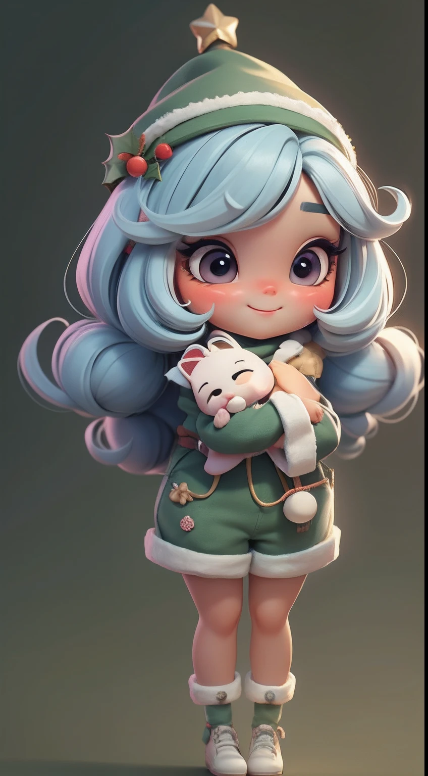 Create a series of **** chibi style dolls with a cute Christmas theme, sorridente e fofo, each with lots of detail and in an 8K resolution. All dolls must follow the same solid background pattern and be complete in the image, mostrando o (corpo inteiro, incluindo as pernas: 1.5)

Boneco Natal: Chame-a de Beto. Ela deve ter cabelos em tons coloridos e natalinos. Seus olhos devem ser grandes e brilhantes, with long eyelashes and rosy cheeks. Must be dressed in a jumpsuit in Christmas tones. She should wear a hat and have Christmas accessories on hand, while in the other has nothing. Don't forget the details, com detalhes coloridos e enfeites encantadores, sapato bonito

Certifique-se de adicionar sombras, texturas e detalhes nos cabelos, roupas, Cute accessories of each doll, to make them even more adorable and charming.