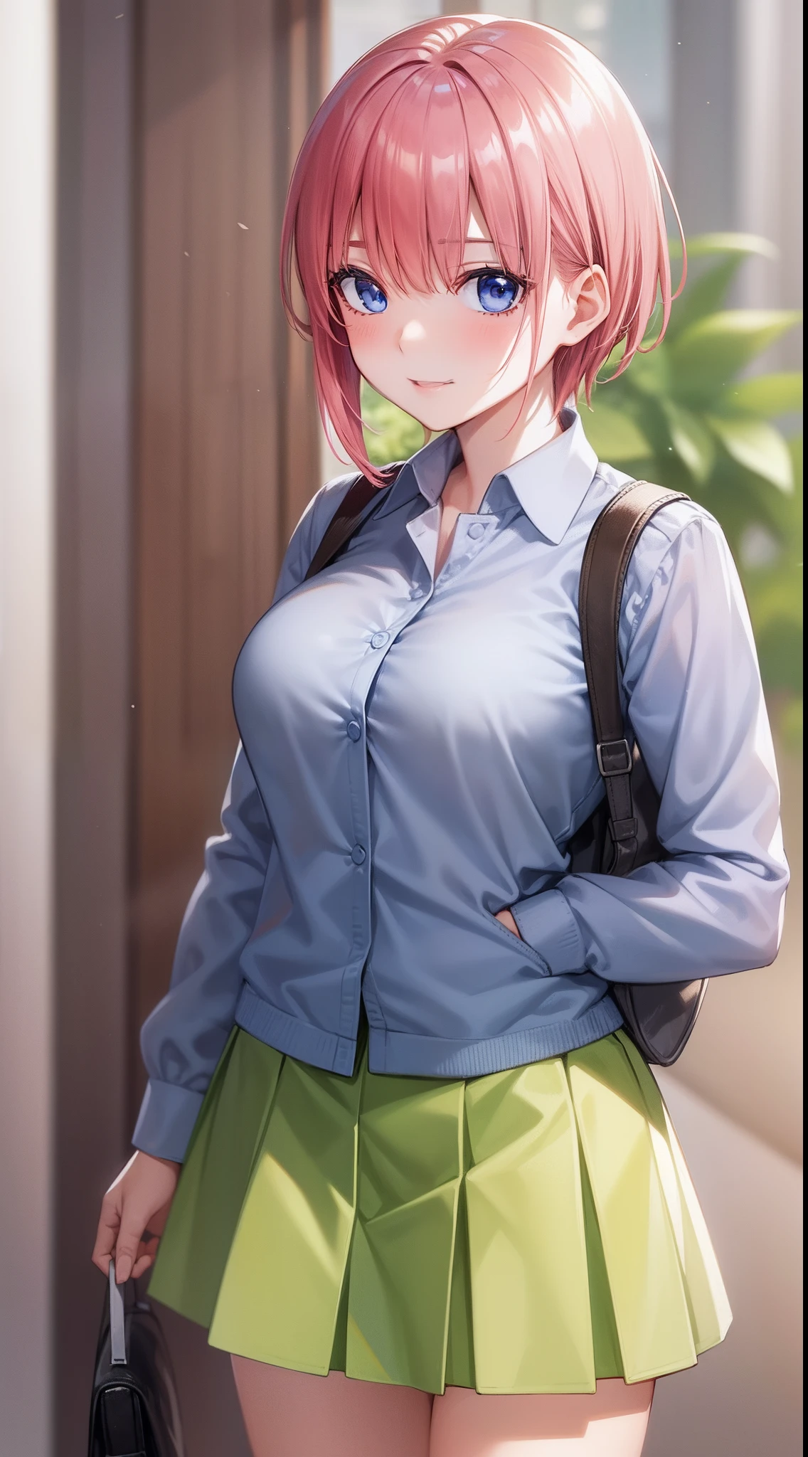 top-quality,Masterpiece,​masterpiece,8K,32K,high-level image quality,High pixel count,1人の女性,1girl,独奏,ichika nakano,simple background,Tall,a baby face,Light pink hair,short-haired,Super Shortcuts,(Boyish hair),Inner curl back hair,Dark blue eyes,(White shirt,Yellow-green miniskirt),校服,is standing,facing front,beautiful smiling face,(Tall),