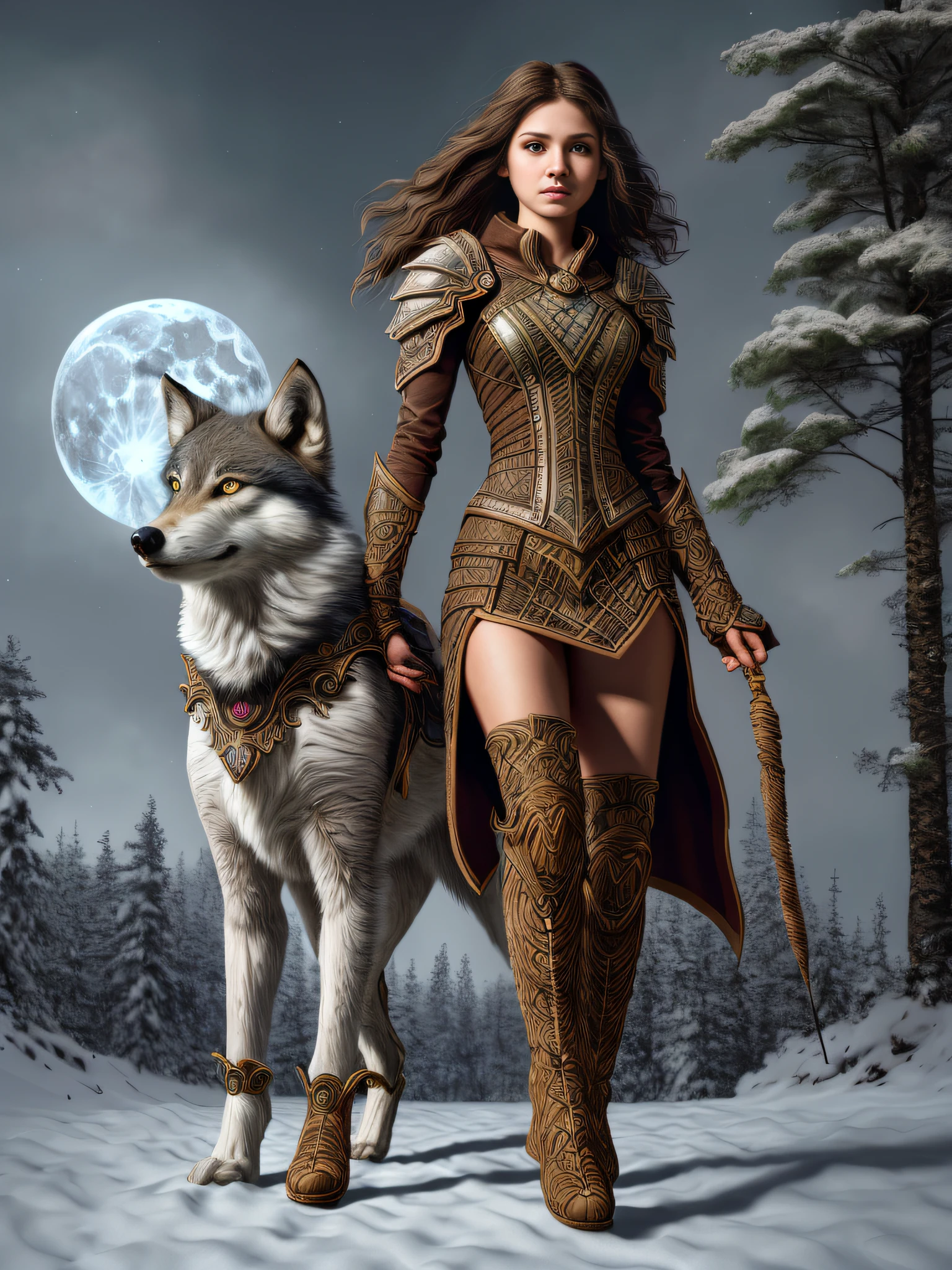 high details, best quality, 8k, [ultra detailed], masterpiece, best quality, (extremely detailed), dynamic angle, ultra wide shot, RAW, photorealistic, fantasy art, dnd art, rpg art, realistic art, a wide angle picture of a cute petite teen covermodel and her white pet wolf,  warrior of nature, fighter of nature, ((full wolf body standing on his four legs, anatomically correct)), full tennage girl body (1.5 intricate details, Masterpiece, best quality) talking to am epic wolf (1.6 intricate details, Masterpiece, best quality), (1.5 intricate details, Masterpiece, best quality) epic snowy windy dark winter forest (1.5 intricate details, Masterpiece, best quality), a female beautiful  petite brave teen wearing cute winter clothes  (1.4 intricate details, Masterpiece, best quality), leather boots, thick dark wavy hair, long hair, hair,clean white skin, beutiful perfect highly detailed eyes, forest  background (intense details), moon light, stars light, clouds (1.4 intricate details, Masterpiece, best quality), dynamic angle, (1.4 intricate details, Masterpiece, best quality) 3D rendering, high details, best quality, highres, ultra wide angle