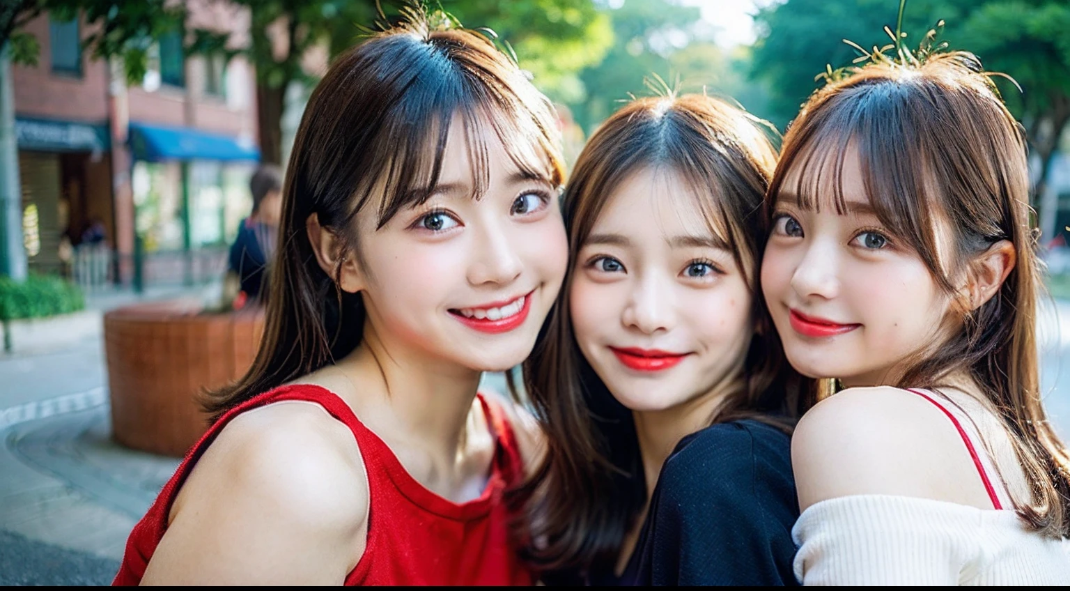 top-quality、超A high resolution、(Photorealsitic:1.4)、(1人:1.5)、kawaii eyes、off shoulder shirt、tight skirts、(dark brown hair:1)、looking at viewert、a closeup、Smile with closed mouth、Red cheeks、cafes