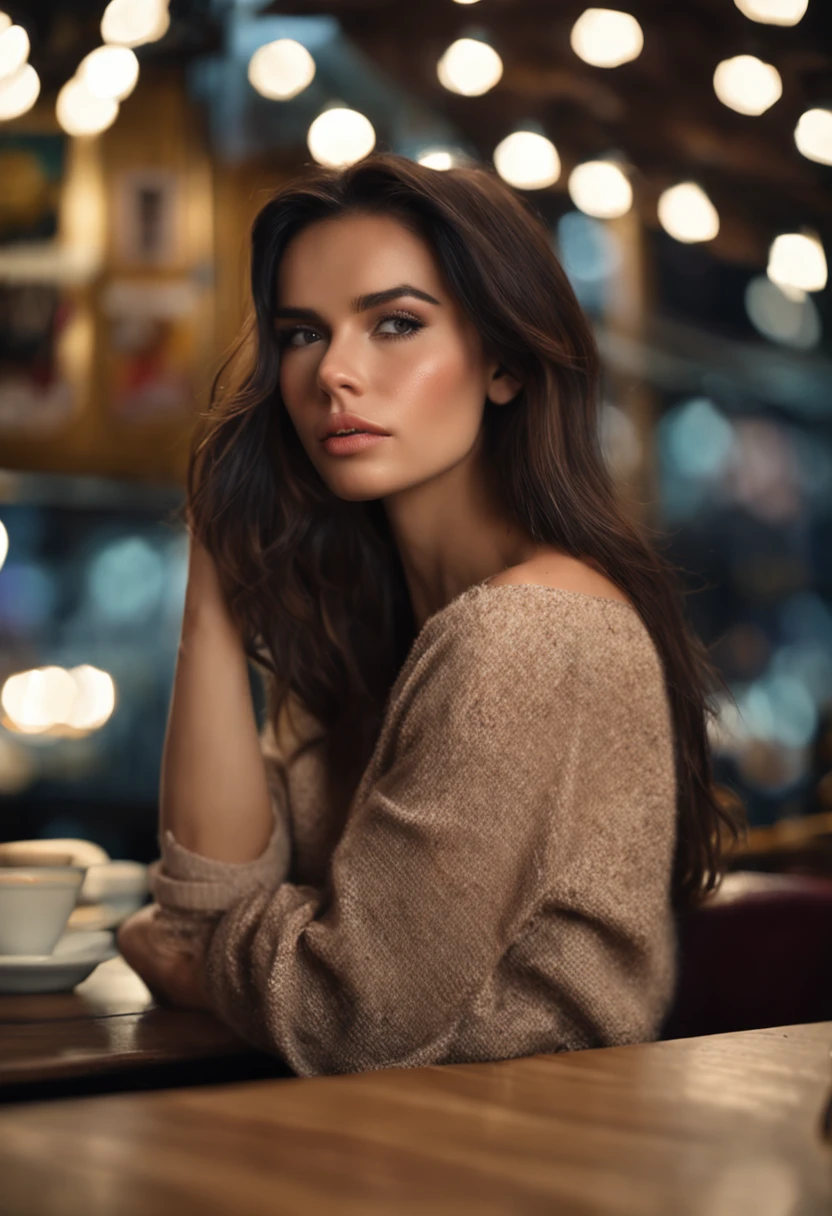 (sharp focus: 1.2), photo (full body) (American flat), attractive 25-year-old, reading menu, sitting in Parisian coffee shop, (beautiful face: 1.1), detailed light brown eyes, delicious lips, (eye makeup: 0.85), (medium breasts: 1.0), (firm body: 1.2), (soft long black hair: 1.2), (long bangs:1.1),wearing (miniskirt) plaid miniskirt, (oversize sweater), (moderate lighting: 1.2), depth of field, bokeh, 4K, HDR. Miss Universe, cover photo. ((skin with small spots and wrinkles), , (moody lighting: 1.2), depth of field, bokeh, 4K, HDR