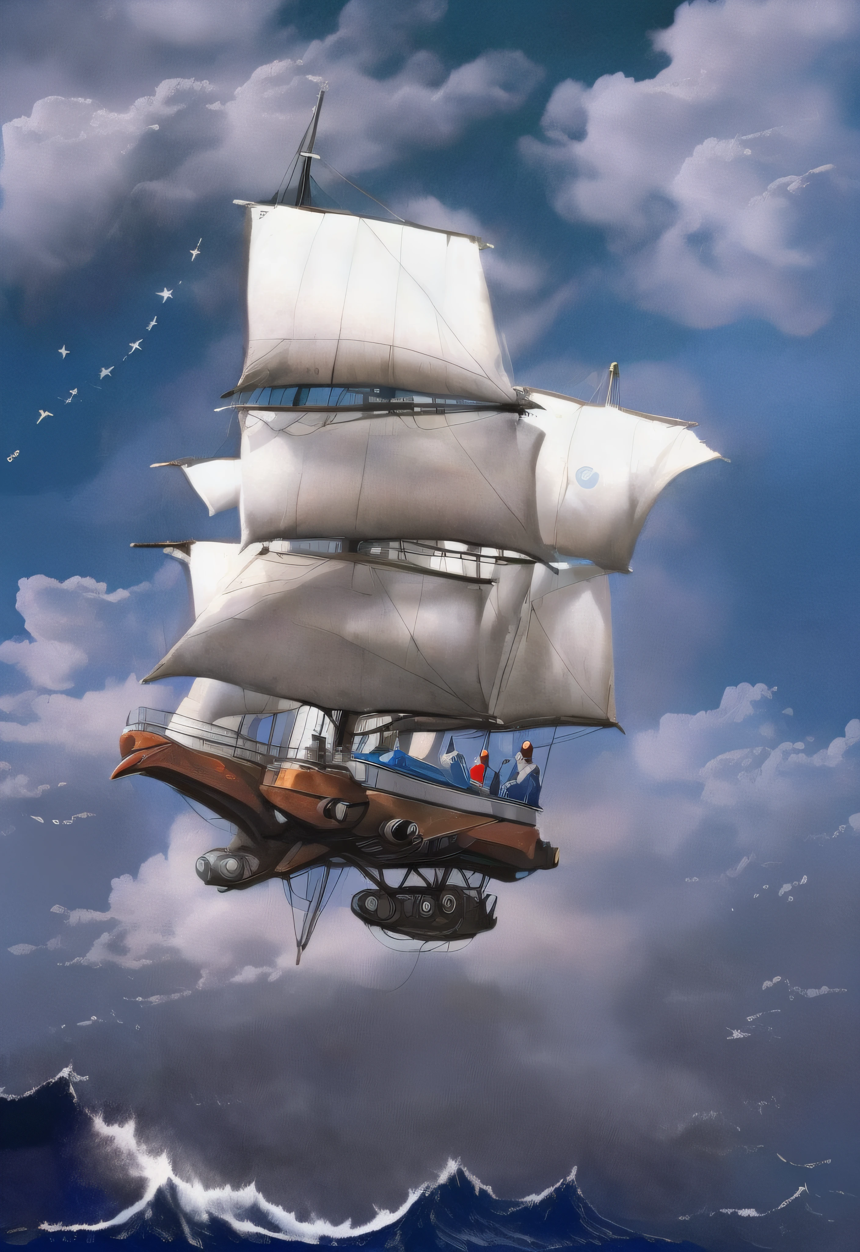 Super velero futurista volando entre las nubes y muy abajo el mar embravecido con olas enormes que se estrellan en los acantilados a lo lejos