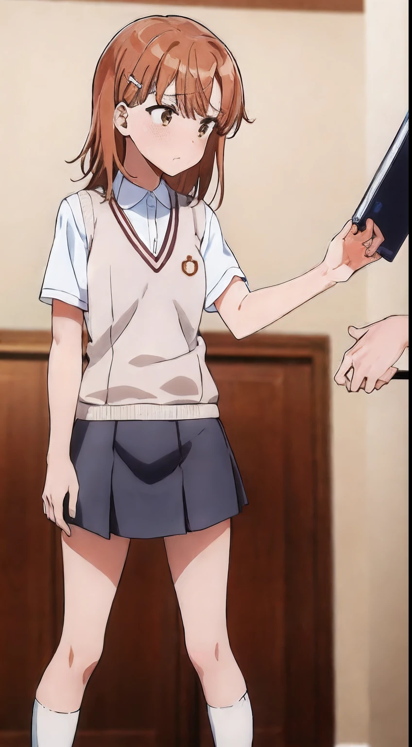 Masterpiece, highres, high Quality, 1girl, clothes lift, lifted by another, skirt lift,, masterpiece, best quality, highly detailed, misaka_mikoto, school_uniform, tokiwadai_school_uniform, white loose socks, white cute panties, flushed face, embarrassed, looking sideways, looking away,