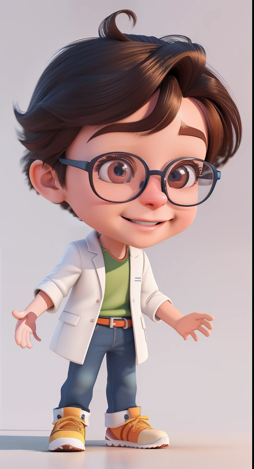 Cartoon character of a boy with glasses and a white coat, bonito 3 d render, personagem bonito dos desenhos animados, sorrindo, Arte infantil em Artstation, 3 d render stylized, toon render keyshot, Maxwell render, painting digital adorable, Personagem altamente detalhado, Personagem de close up, olhar :: octan render, animation character, design de personagem altamente detalhado, 3 d render arte do caractere 8 k