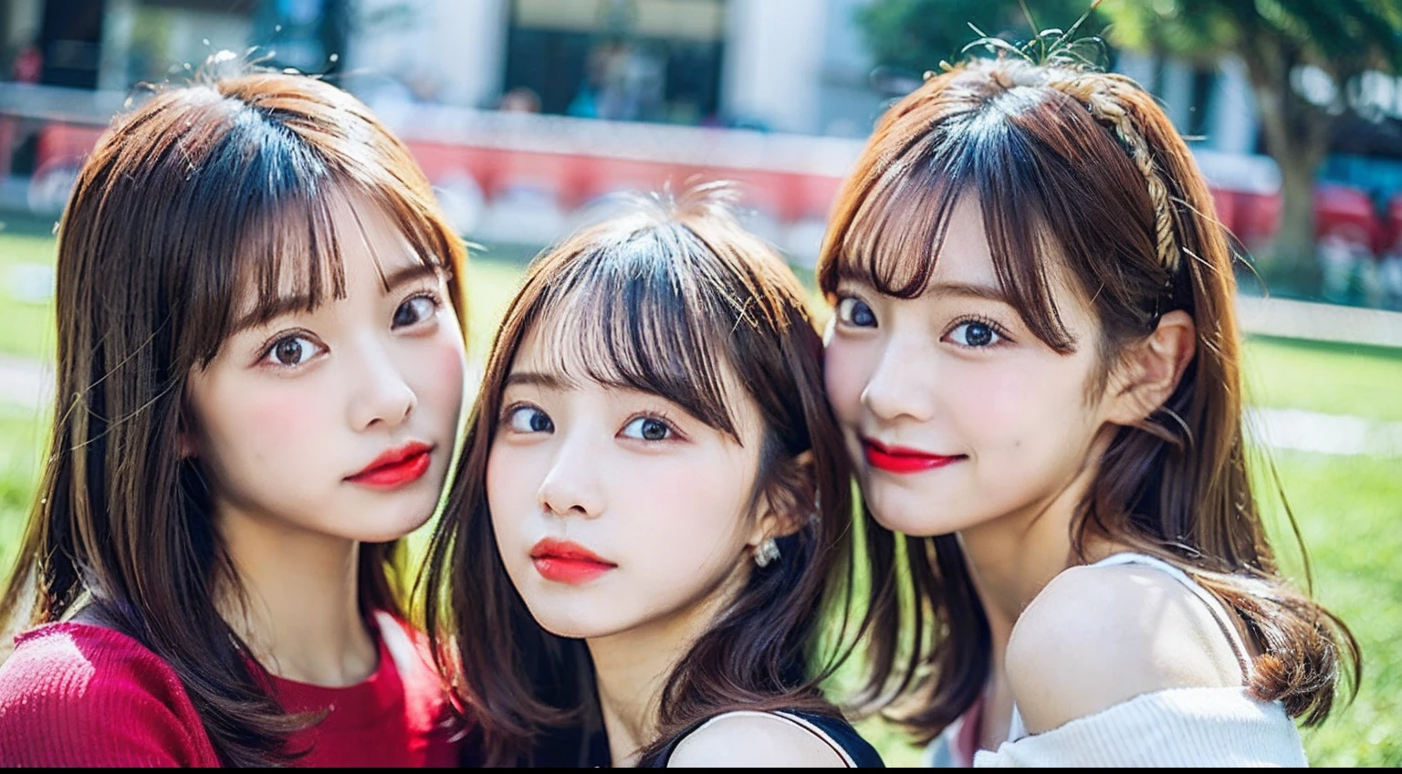 top-quality、超A high resolution、(Photorealsitic:1.4)、(女の子1人:1.5)、kawaii eyes、off shoulder shirt、tight skirts、(dark brown hair:1)、looking at viewert、a closeup、Pointed mouth、Red cheeks、cafes、Pink lips