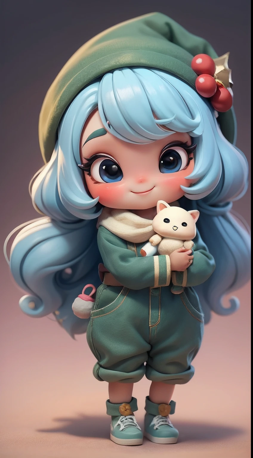 Create a series of loli chibi style dolls with a cute Christmas theme, sorridente e fofo, each with lots of detail and in an 8K resolution. All dolls should follow the same solid background pattern and be complete in the image, mostrando o (corpo inteiro, incluindo as pernas: 1.5)

Boneco Natal: Chame-a de Beto. Ela deve ter cabelos em tons coloridos e natalinos. Seus olhos devem ser grandes e brilhantes, with long eyelashes and rosy cheeks. Must be dressed in a jumpsuit in Christmas tones. She should wear a hat and have Christmas accessories on hand, while in the other has nothing. Don't forget the details, com detalhes coloridos e enfeites encantadores, sapato bonito

Certifique-se de adicionar sombras, texturas e detalhes nos cabelos, roupas, Cute accessories of each doll, to make them even more adorable and charming.