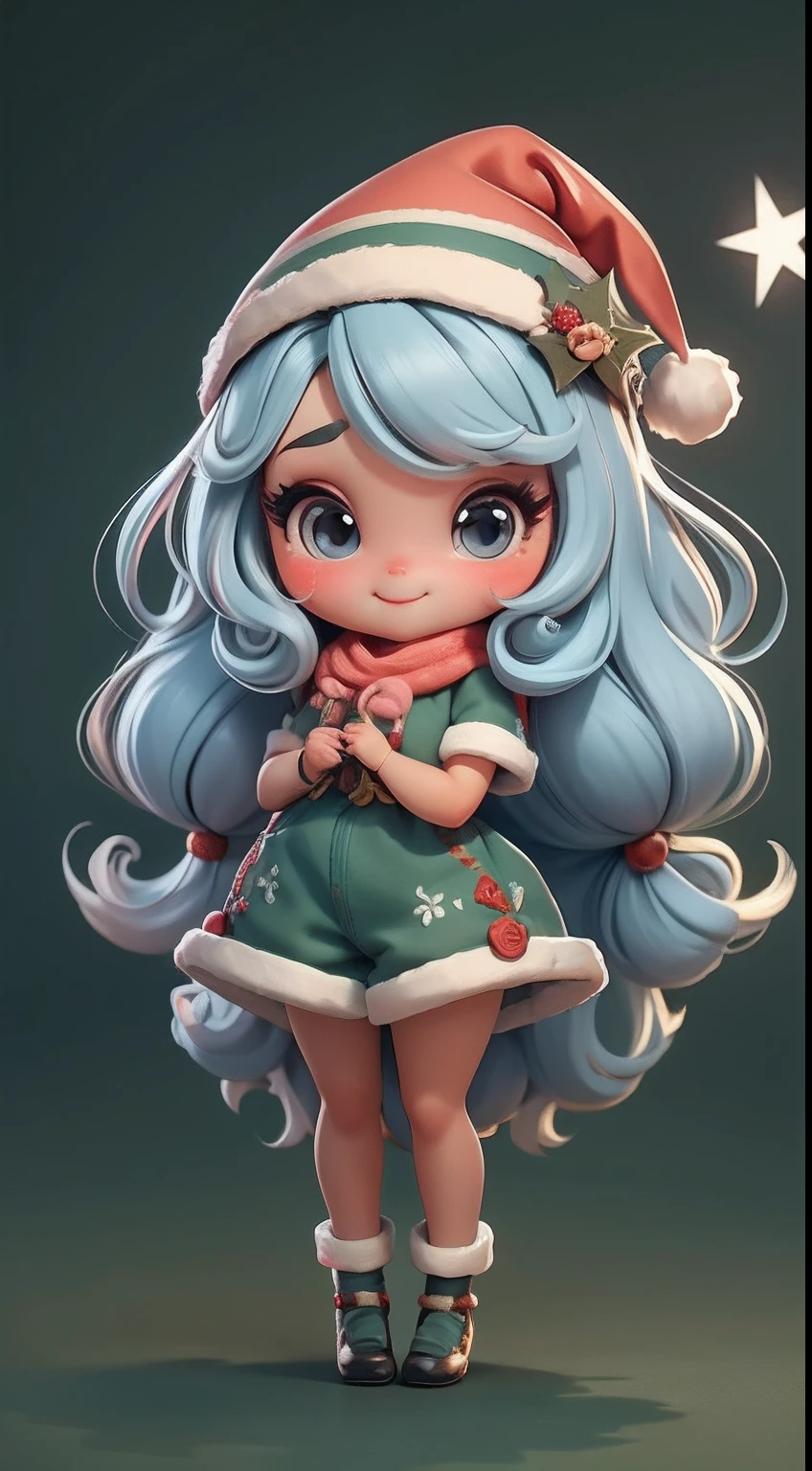 Create a series of loli chibi style dolls with a cute Christmas theme, sorridente e fofo, each with lots of detail and in an 8K resolution. All dolls should follow the same solid background pattern and be complete in the image, mostrando o (corpo inteiro, incluindo as pernas: 1.5)

Boneco Natal: Chame-a de Beto. Ela deve ter cabelos em tons coloridos e natalinos. Seus olhos devem ser grandes e brilhantes, with long eyelashes and rosy cheeks. Must be dressed in a jumpsuit in Christmas tones. She should wear a hat and have Christmas accessories on hand, while in the other has nothing. Don't forget the details, com detalhes coloridos e enfeites encantadores, sapato bonito

Certifique-se de adicionar sombras, texturas e detalhes nos cabelos, roupas, Cute accessories of each doll, to make them even more adorable and charming.