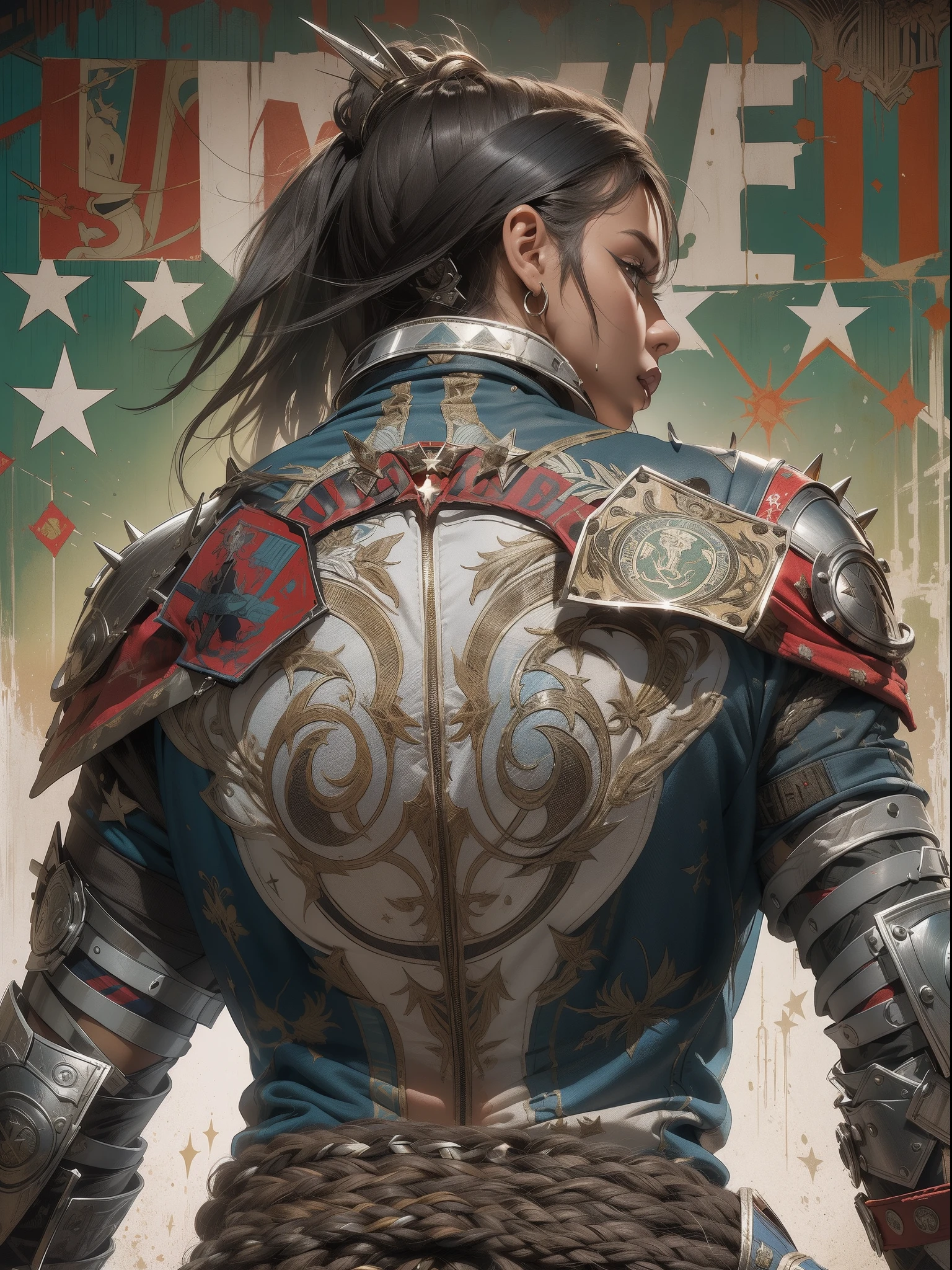 (((mulher))), (((melhor qualidade))), (((obra prima))), (((adulto))), (((1girl))), ((( de costas ))), ((( corte de cabelo bob ))), Uma gladiadora cyberpunk mulher de 25 anos com corpo perfeito, ((( Back view ))), ((( butt ))), shoulder pads with metal spines, Gladiadores do Brooklyn, (( corte de cabelo bob )), tiny leather panties, camiseta de time de rugby rasgada, quase nua no estilo selvagem urbano de Simon Bisley para a capa da revista Heavy Metal, Cabelo loiro curto, Minimum clothing, Metal protection on the left arm with intricate graphics, Dark red with white stars and white and navy blue checkerboard pattern, armadura, cheio de pontas e rebites, (((do joelho pra cima))), cabelos loiro branco curto, no fundo uma parede pintada por Shepard Fairey com um design intrincado