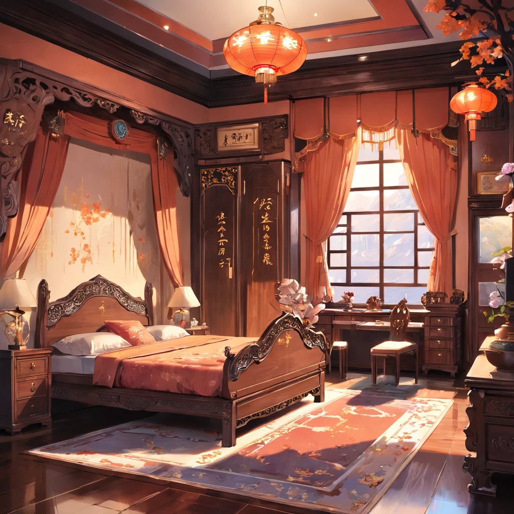 Masterpiece, Best Quality,8K,Ancient Chinese Princess Sleeping room,noble, elegant, and magnificent,bright,Cheerfulness,There is a large window that falls to the ground and offers a beautiful view outside,A rosewood carved flower bed,A mahogany desk, a yellow pear dressing table, wardrobe, and chairs are all carved with exquisite patterns,There are landscape paintings hanging on the walls,nobody