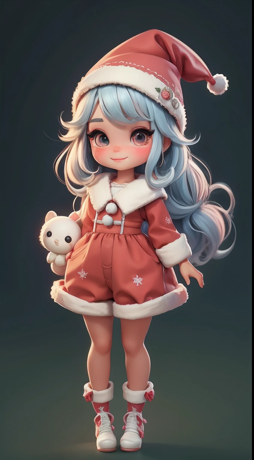 Create a series of loli chibi style dolls with a cute Christmas theme, sorridente e fofo, each with lots of detail and in an 8K resolution. All dolls should follow the same solid background pattern and be complete in the image, mostrando o (corpo inteiro, incluindo as pernas: 1.5)
Boneco Natal: Chame-a de Beto. Ela deve ter cabelos em tons coloridos e natalinos. Seus olhos devem ser grandes e brilhantes, with long eyelashes and rosy cheeks. Must be dressed in a jumpsuit in Christmas tones. She should wear a hat and have Christmas accessories on hand, while in the other has nothing. Don't forget the details, com detalhes coloridos e enfeites encantadores, sapato bonito
Certifique-se de adicionar sombras, texturas e detalhes nos cabelos, roupas, Cute accessories of each doll, to make them even more adorable and charming.