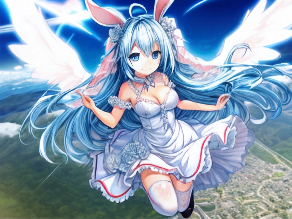 {morning}super fine illustration, highly detailed beautiful face and eyes, lens flare abuse
{character}miku, (solo:1.5), 1angel girl, 5yo, cute, lovely, smile
{angel}angel wings, flowy angel wings, fluffy angel wings
{hairstyle}absurdly long hair, big hair, (light blue hair:1.2), two-tone hair, ahoge, hair fluttering in the wind, light blue rabbit-ear hair ornaments
{clothes}white flowy ornate wedding dress, intricate flowy dress, frilled dress, cleavage, zettai_ryouiki, classic lolita
{angle}medium breast, sexy, full body, flying pose
{concept}flying above the mountain, scenery
{qulity}absurdres, best quality
{Additional effects}(best impact:1.2), (best softness:1.2)
{Styling}Best Quality, Edgy lines, anime visual of a cute girl, top rated on pixiv