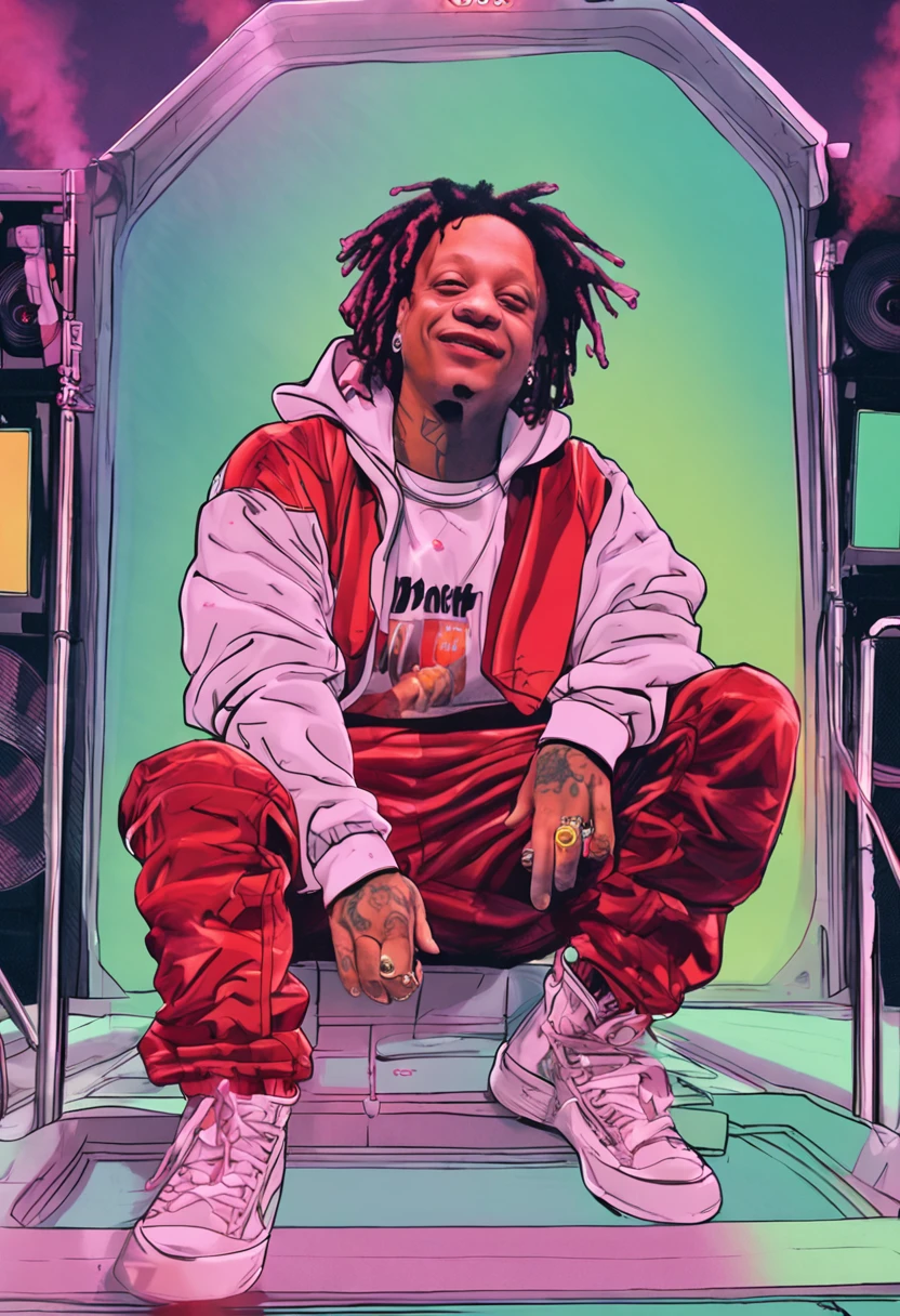 cartoon, album cover, high quality, boy smoking sitting alone in a home studio, black kangaroo jacket, black jean, nike air max 97 color negro, ba marijuana budse view, dollars on the floor, high resolution, Details