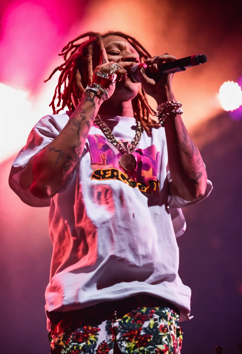 Trippie Redd performing at Budweiser stage in Toronto, Ontario Canada. The Crowd is roaring for trippie redd, Trippie Redd is wearing a classic white officially licensed supreme box logo t-shirt.