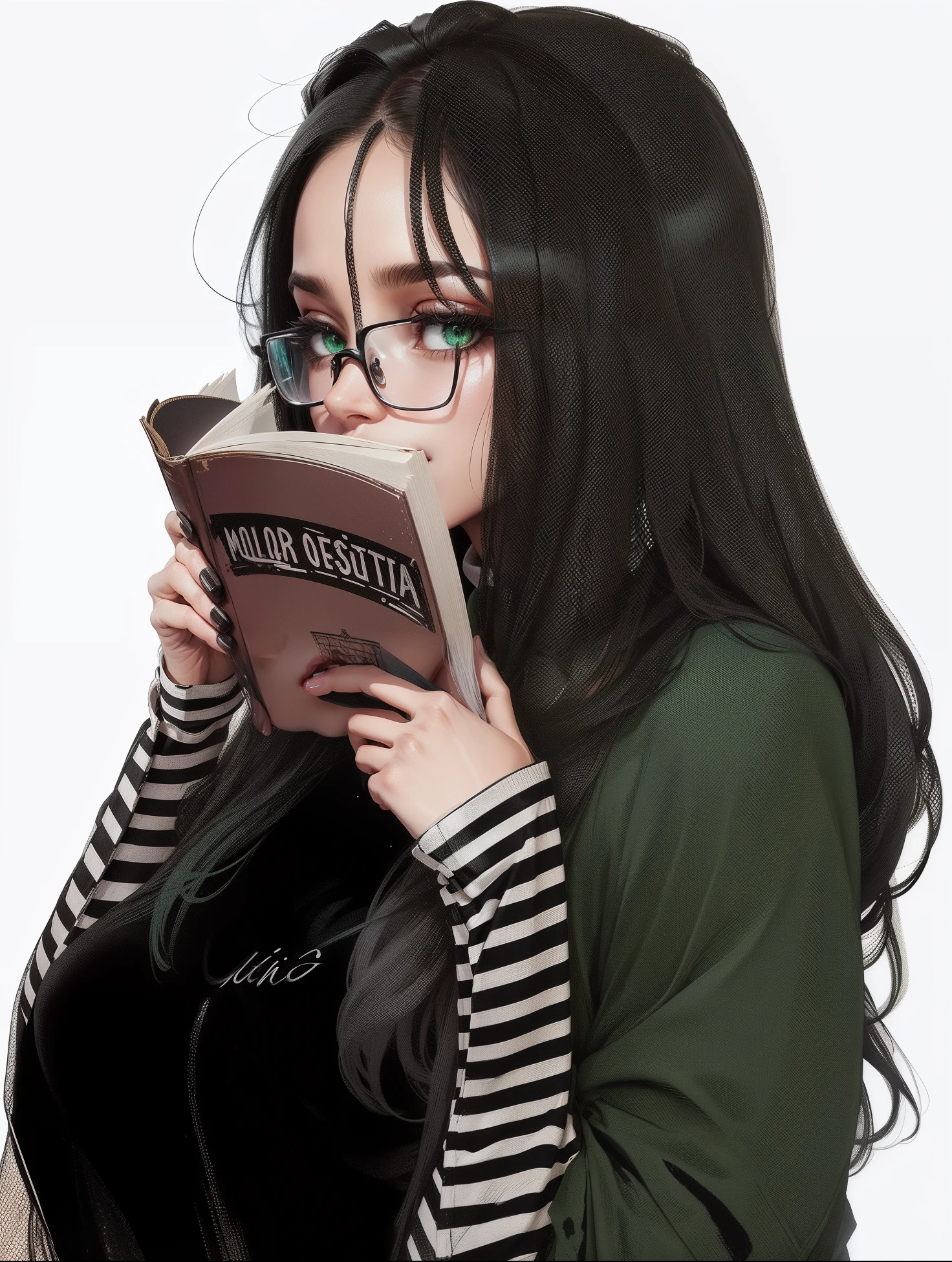 Mulher realista, cabelo preto,olhos castanhos-escuros ,camisa preta,blusa verde ,livro , oculos