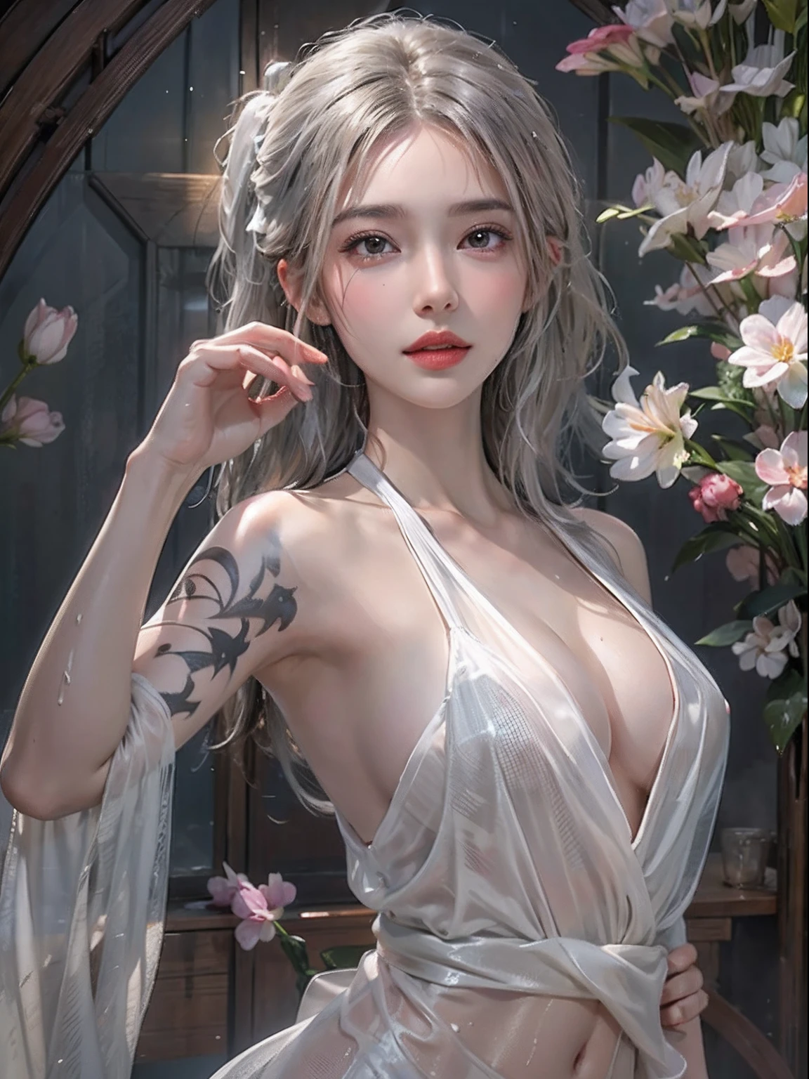 Photorealistic, High resolution, Soft light,1womanl, Solo, hips up high, glistning skin, (Detailed face),The tattoo, Jewelry, Wedding see-through hanf, cherry blossom, Night, White wavy hair, Beautiful Soldier, An eye that invites the viewer, Lover's perspective, inviting expression, Sexy smile, Perfect Style, Perfect balance, Detailed skin, Naughty gaze, Chest visible、see -through、Sheer feeling、Wet skin、Wet hair、Spread hair、Spread Stall、Wet clothes、sodden、See-through Halter neck、See-through gowns、Navel Ejection、the back is open、See-through halter neck dress、See-through kimono、