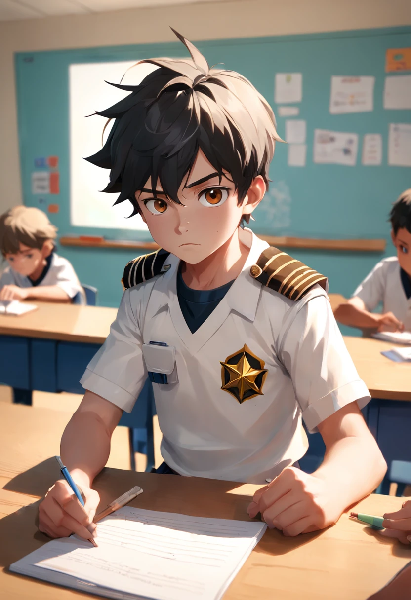 Menino brasileiro de seis anos, fine facial features, pele extremamente branca, cabelos escuros com estrias mais claras, Olhos escuros, wearing a Star Wars-themed shirt over a white school uniform. The boy is sitting at a wooden desk in the classroom, Looking forward with a mixture of apprehension and challenge. Sobre a mesa, uma caixa rotulada como "brinquedos" full of various small items, like toy cars and action figures. High-resolution image aiming for a mix of 3D anime and photorealistic styles. Shot through a 35mm lens for a cinematic feel, with a slight tilt to dramatic effect. Depth of field is shallow, focando no menino e desfocando suavemente o fundo. A paleta de cores inclina-se para tons quentes de terra, with pops of vibrant colors like the Star Wars shirt and toys to contrast the gravity of the situation. In the background, A police officer is at the entrance to the classroom, posicionado no canto direito do quadro, dando ao menino um olhar severo. Another officer is in the left corner, He handcuffed the boy and had a serious conversation with a teacher who seems concerned. Both officers are in uniform, increasing the severity of the situation. The mood suggests the boy is being arrested for an illegal sale operation at the school. The lighting is warm, mas natural, Designing soft shadows and highlights that emphasize facial expressions and textures. Elementos de anime 3D incluem tamanho exagerado dos olhos para o menino e cabelo estilizado. Os elementos fotorrealistas incluem texturas detalhadas na mesa, caixa, and attire, as well as realistic skin shadow and lighting effects. The scene should convey a palpable tension, enhanced by the contrast between the anime and realistic elements.