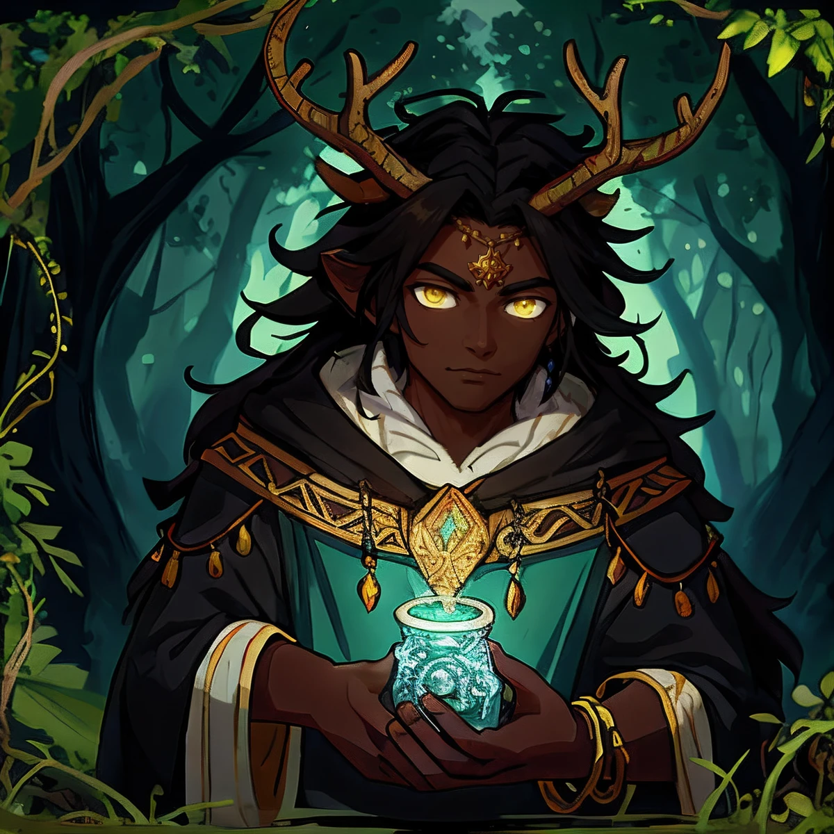 Tanned Forest Elf Prince, crouched examining clues, crouching, hunter tracking, elaborate blue and bronze cape GS-Boyish <lora:improve_backgrounds:0.25> <lora:more_details:-0.25> mocha skin,<lora:EnergyVeins:1> arcane rune circle spells, (illuminated eyes, glowing eyes, cyan eyes:1.2) nude, (flacid penis, testicles:0.3)
