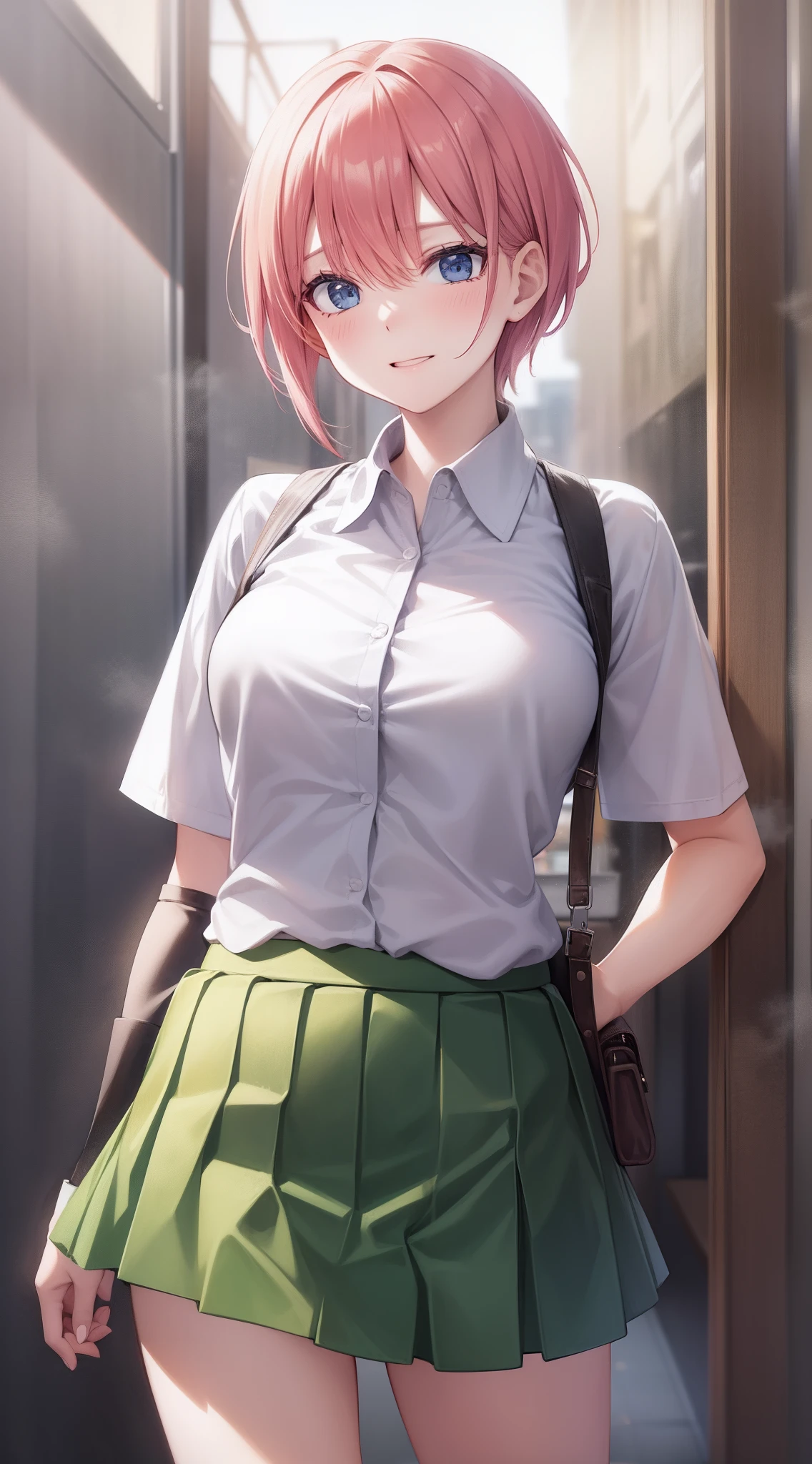 Yellow-green miniskirt,skirt by the,Tucked shirt,