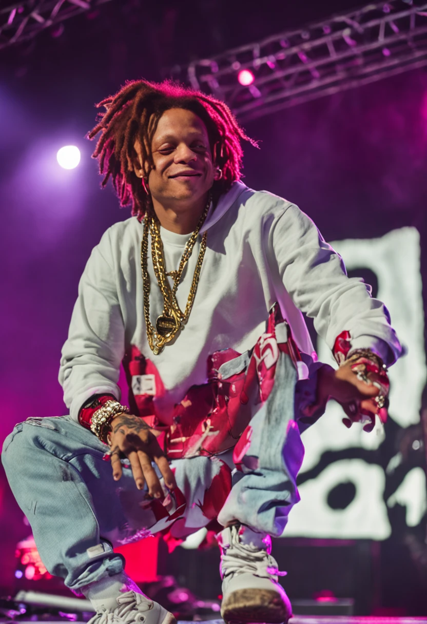 Trippie Redd performing at Budweiser stage in Toronto, Ontario Canada. The Crowd is roaring for Trippie Redd, Trippie Redd is wearing a classic white officially licensed supreme box logo t-shirt.
