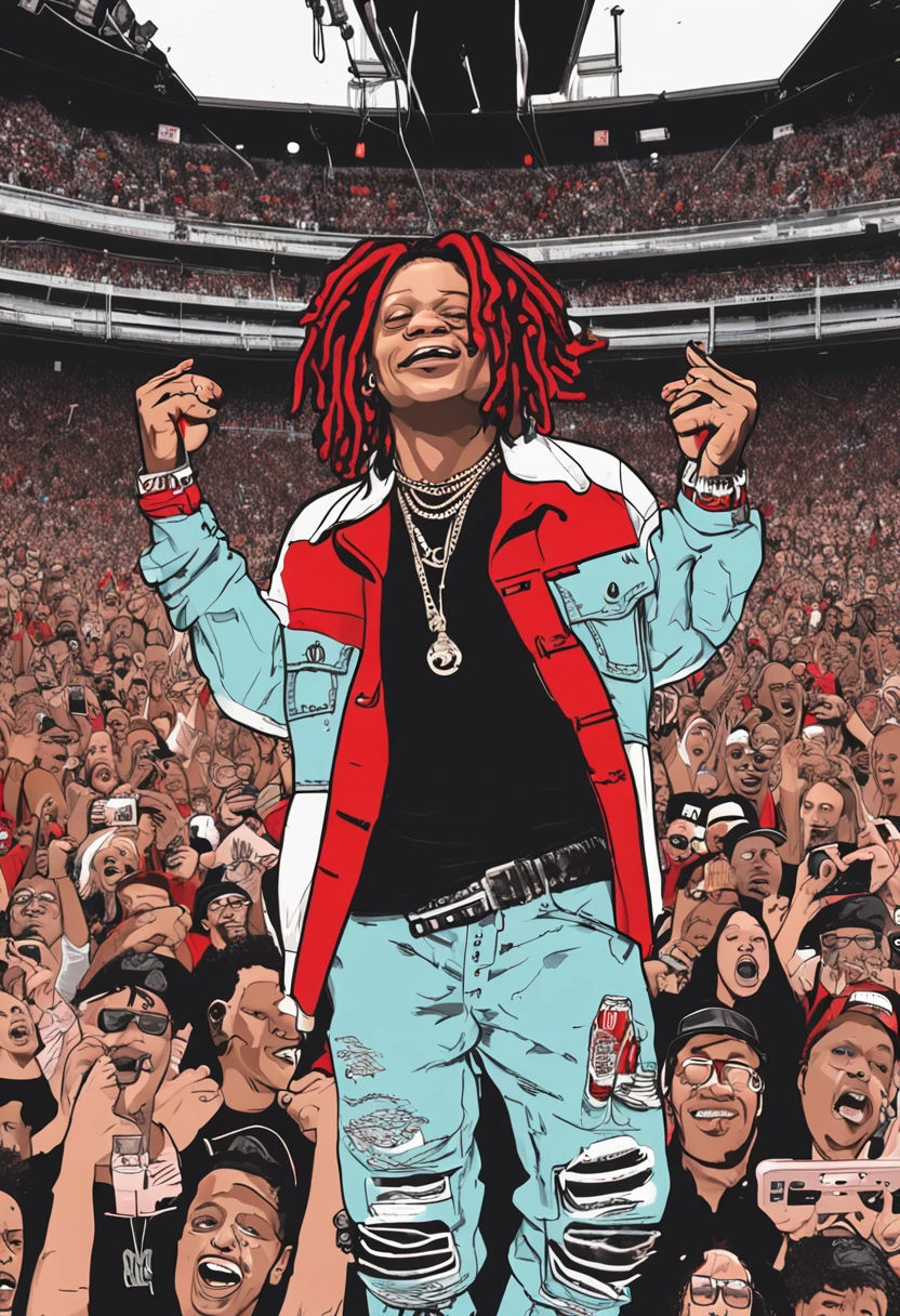 Trippie Redd performing at Budweiser stage in Toronto, Ontario Canada. The Crowd is roaring for Trippie Redd, Trippie Redd is wearing a classic white officially licensed supreme box logo t-shirt.