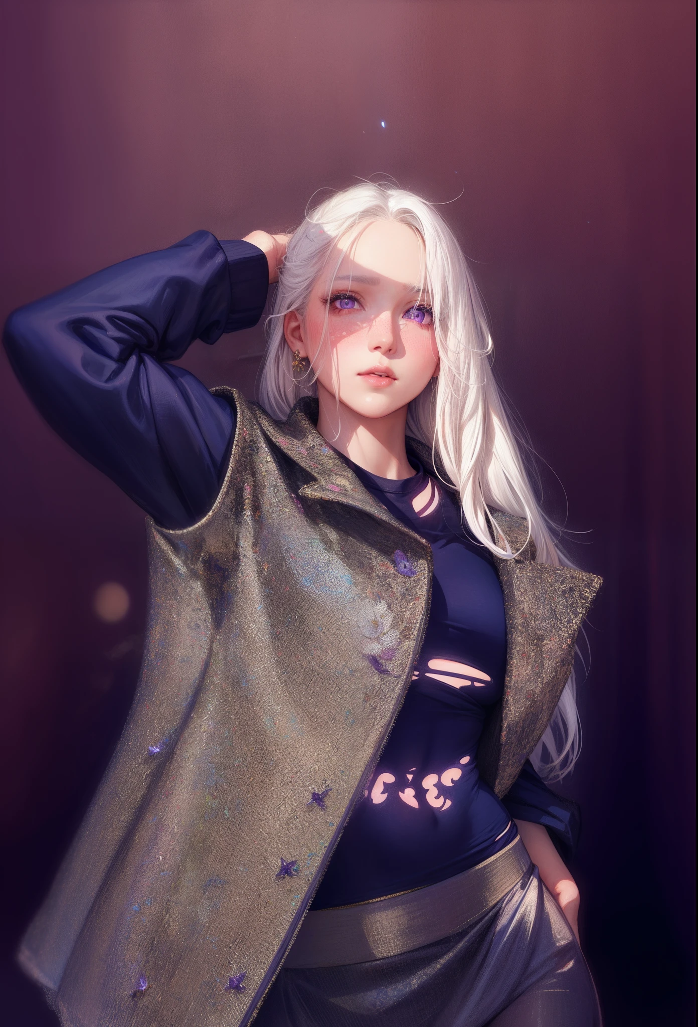realistic, 1girl, white hair, purple eyes, glowing eyes, crop top, skirt, parted lips, blush, night, flowers, sun, sunlight,