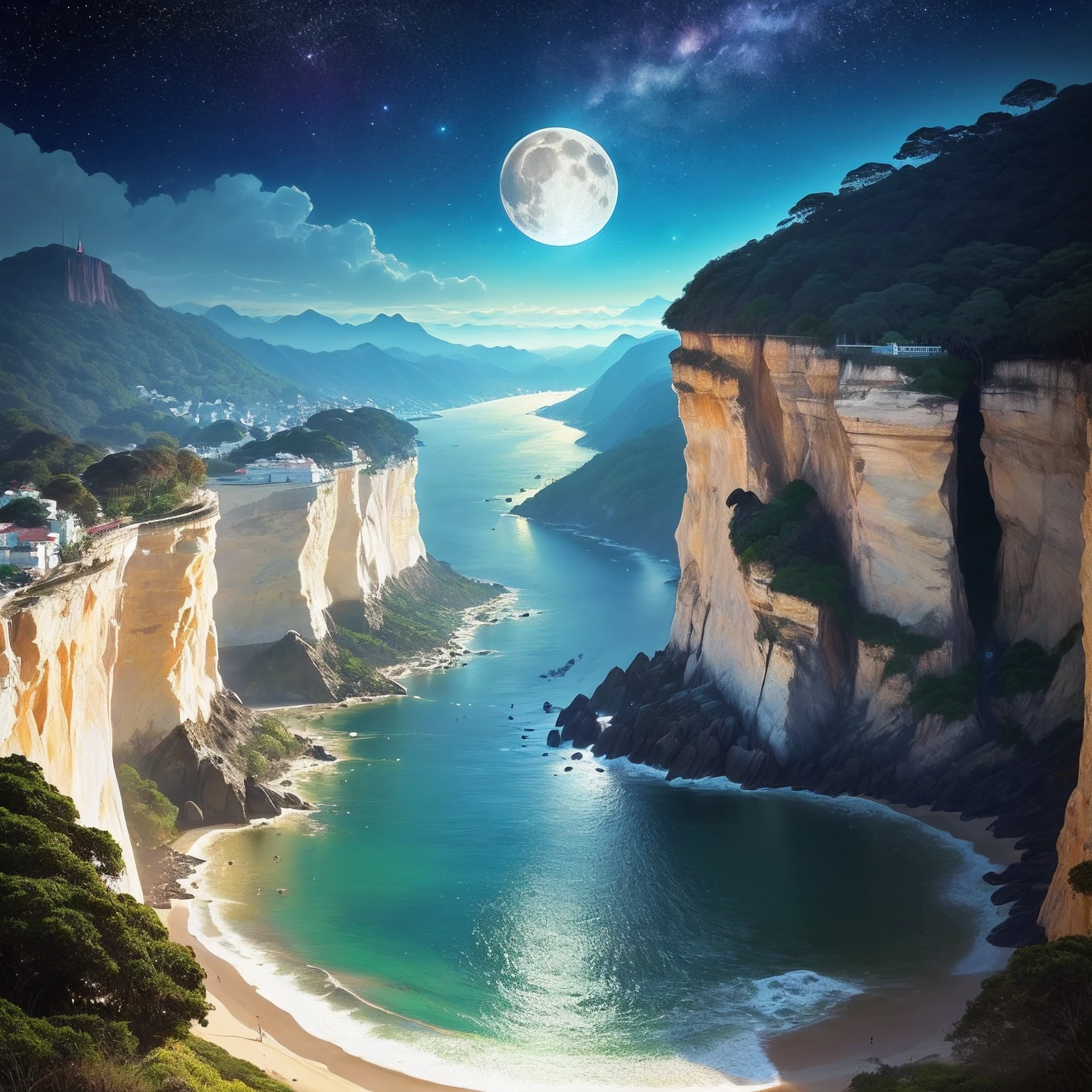 On the right side some vultures flying in circles on the edge of the cliff, sobrevoando o morro da Vista Chinesa, in Rio de Janeiro, noite escura, com muitas sombras, stars and full moon in the sky and many trees coming down the cliff, escreva no meio da imagem em caixa alta: " BOA NOITE"