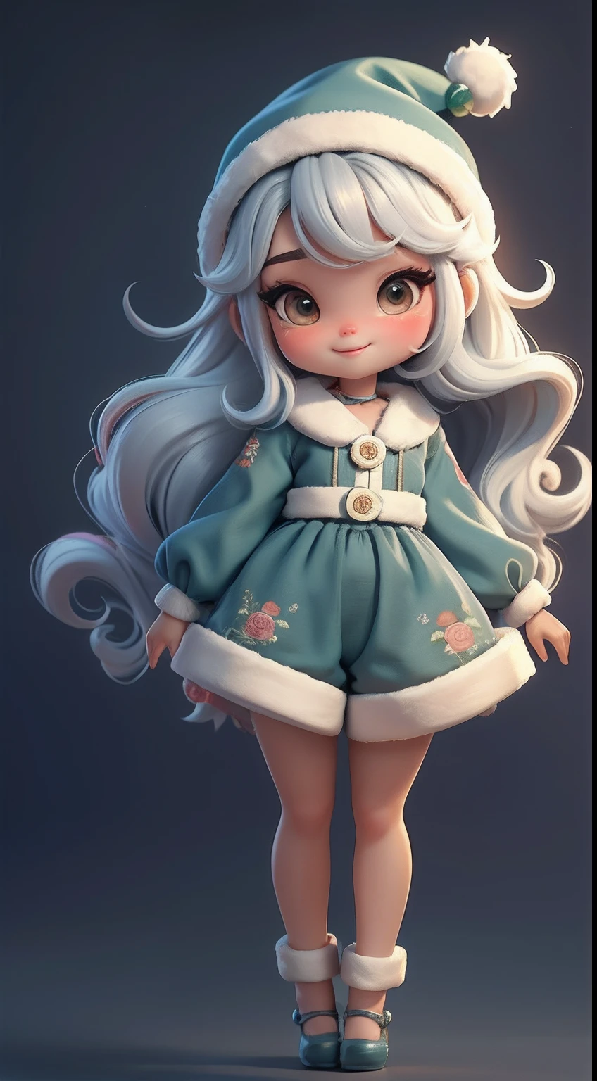 Create a series of loli chibi style dolls with a cute Christmas theme, sorridente e fofo, each with lots of detail and in an 8K resolution. All dolls should follow the same solid background pattern and be complete in the image, mostrando o (corpo inteiro, incluindo as pernas: 1.5)

Boneco Natal: Chame-a de Beto. Ela deve ter cabelos em tons coloridos e natalinos. Seus olhos devem ser grandes e brilhantes, with long eyelashes and rosy cheeks. Must be dressed in a jumpsuit in Christmas tones. She should wear a hat and have Christmas accessories on hand, while in the other has nothing. Don't forget the details, com detalhes coloridos e enfeites encantadores, sapato bonito

Certifique-se de adicionar sombras, texturas e detalhes nos cabelos, roupas, Cute accessories of each doll, to make them even more adorable and charming.