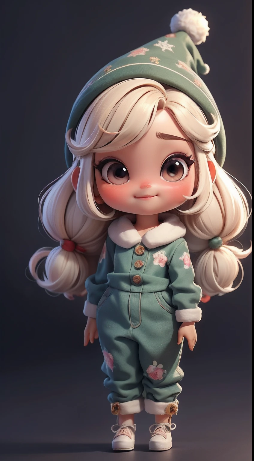 Create a series of loli chibi style dolls with a cute Christmas theme, sorridente e fofo, each with lots of detail and in an 8K resolution. All dolls should follow the same solid background pattern and be complete in the image, mostrando o (corpo inteiro, incluindo as pernas: 1.5)

Boneco Natal: Chame-a de Beto. Ela deve ter cabelos em tons coloridos e natalinos. Seus olhos devem ser grandes e brilhantes, with long eyelashes and rosy cheeks. Must be dressed in a jumpsuit in Christmas tones. She should wear a hat and have Christmas accessories on hand, while in the other has nothing. Don't forget the details, com detalhes coloridos e enfeites encantadores, sapato bonito

Certifique-se de adicionar sombras, texturas e detalhes nos cabelos, roupas, Cute accessories of each doll, to make them even more adorable and charming.